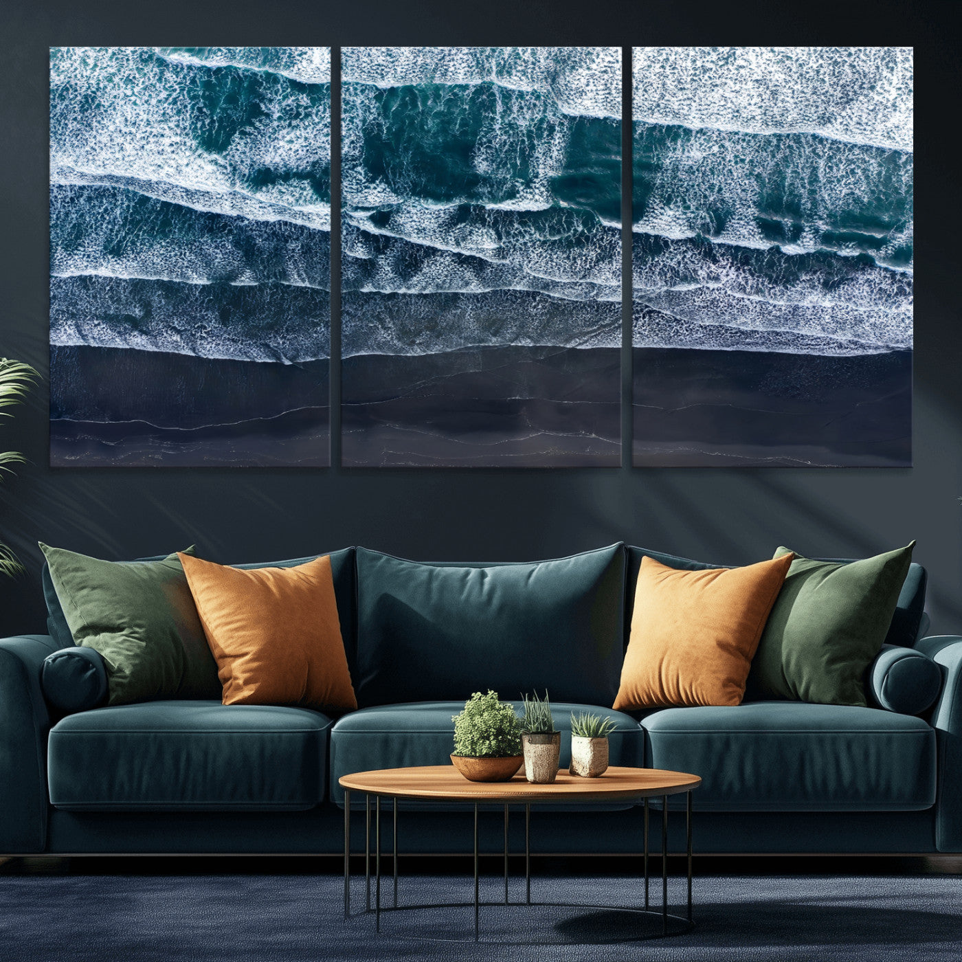 Canvas of aerial ocean waves crashing onto a black sand beach in moody tones, ideal for modern coastal or minimalist home decor.