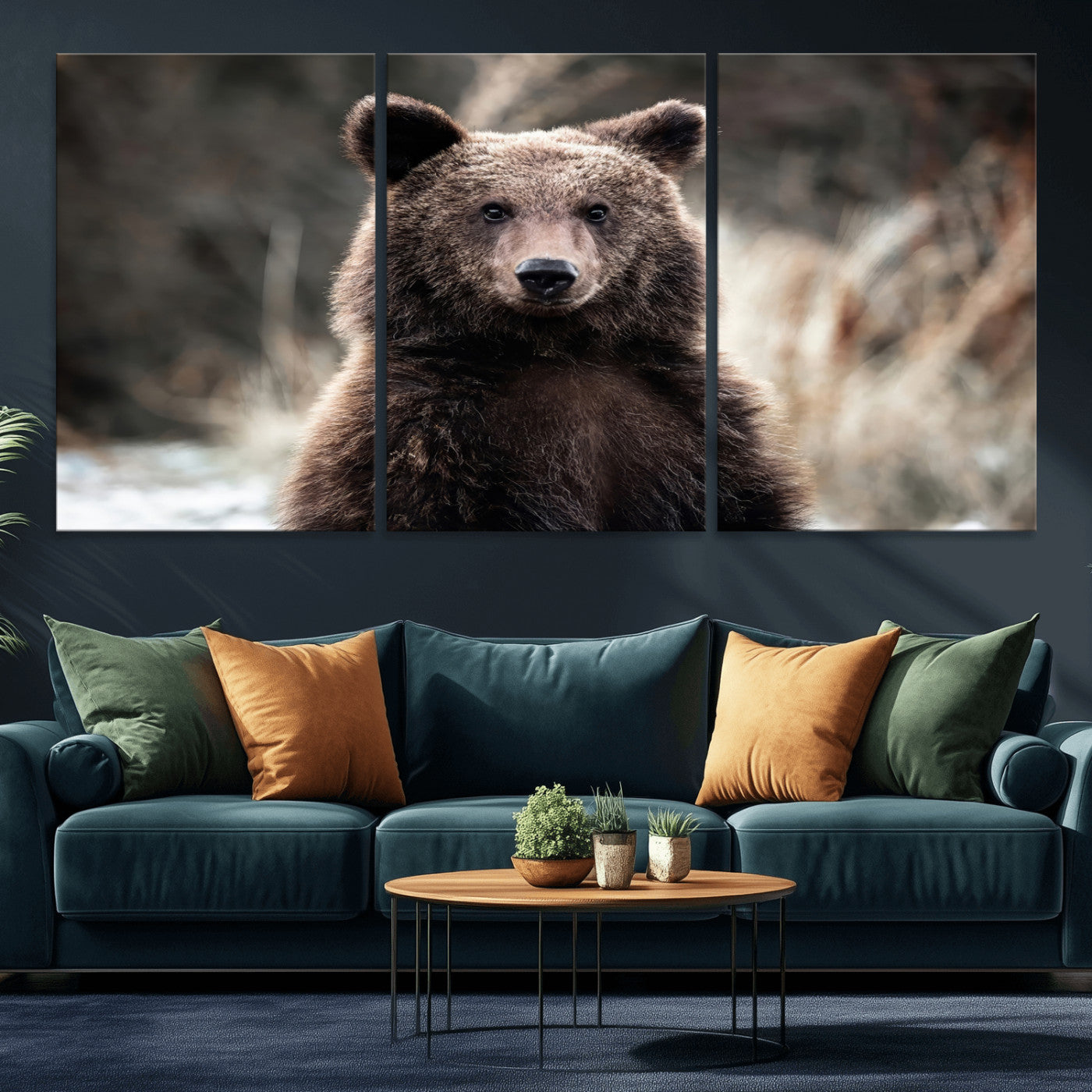 Canvas of a brown bear in soft earthy tones and moody forest light, ideal for rustic cabin or woodland nature-themed home decor.