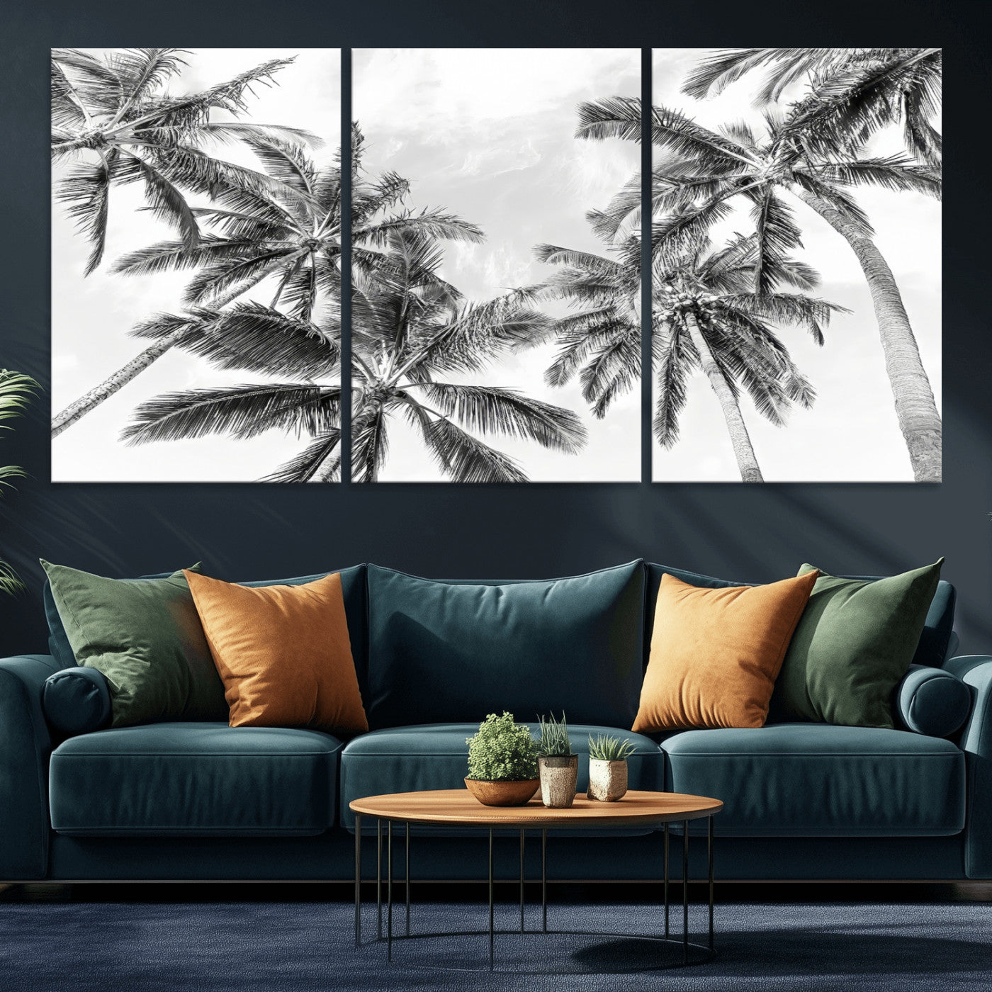 Black and white tropical palm trees viewed from below, swaying gently against a bright sky, creating a serene and elegant coastal atmosphere.