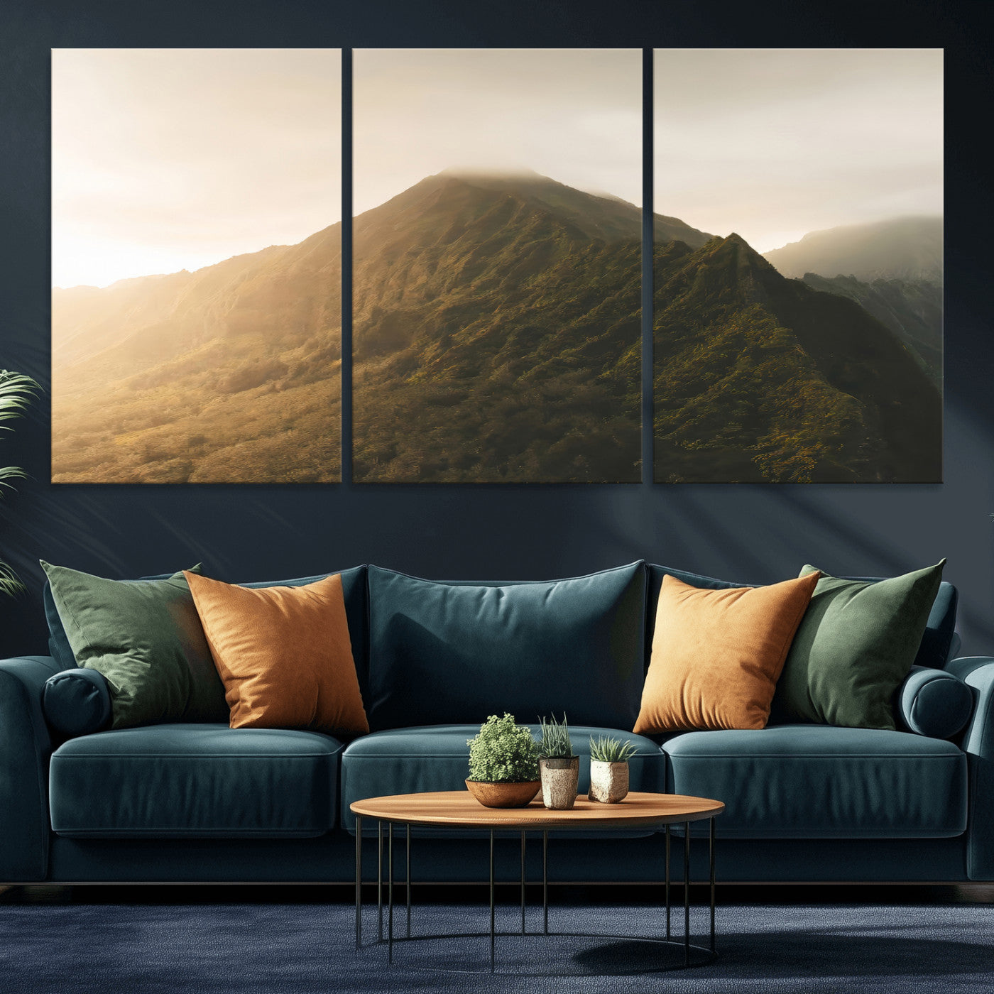 Sunlit mountain peak with mist rolling over its rugged slopes, bathed in golden light, creating a warm and tranquil nature-inspired scene.