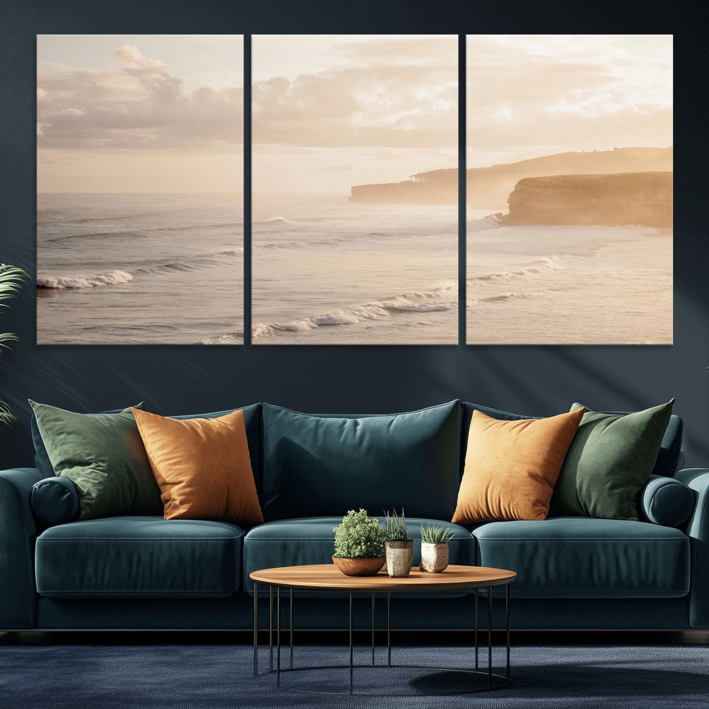 Golden hour seascape with misty cliffs and gentle waves rolling towards the shore, capturing a tranquil and warm coastal atmosphere.