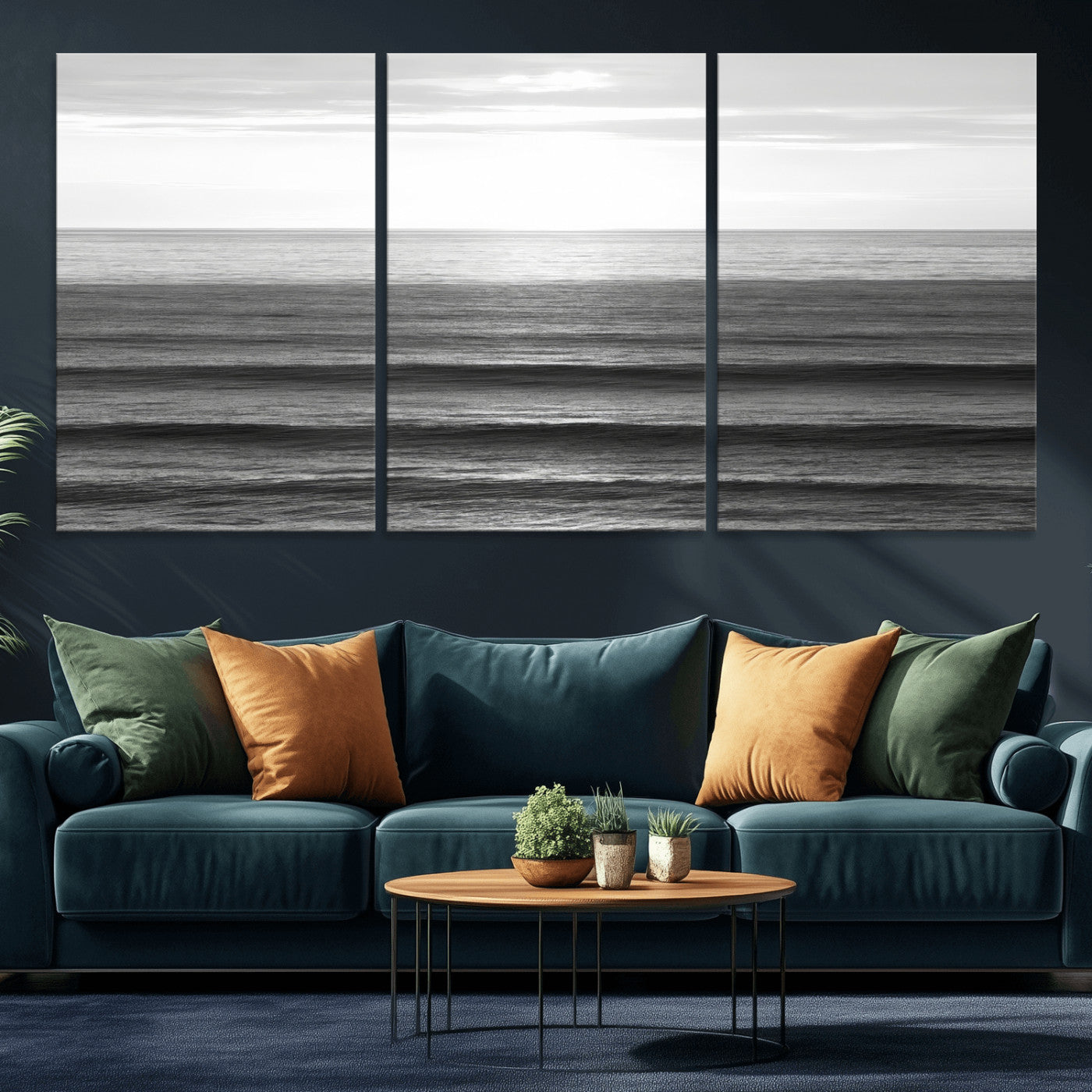 Minimalist black and white ocean view with layered waves reflecting sunlight, evoking a sense of calm and coastal serenity.