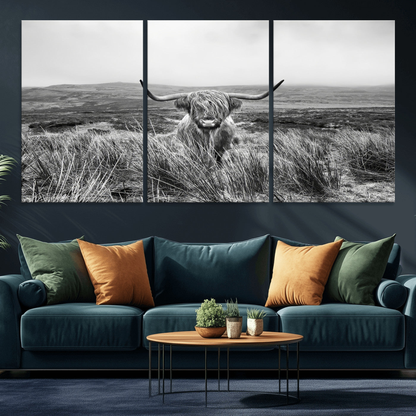 A black and white portrait of a Highland cow in a foggy Scottish countryside, capturing a rustic aesthetic and tranquil farm escape.