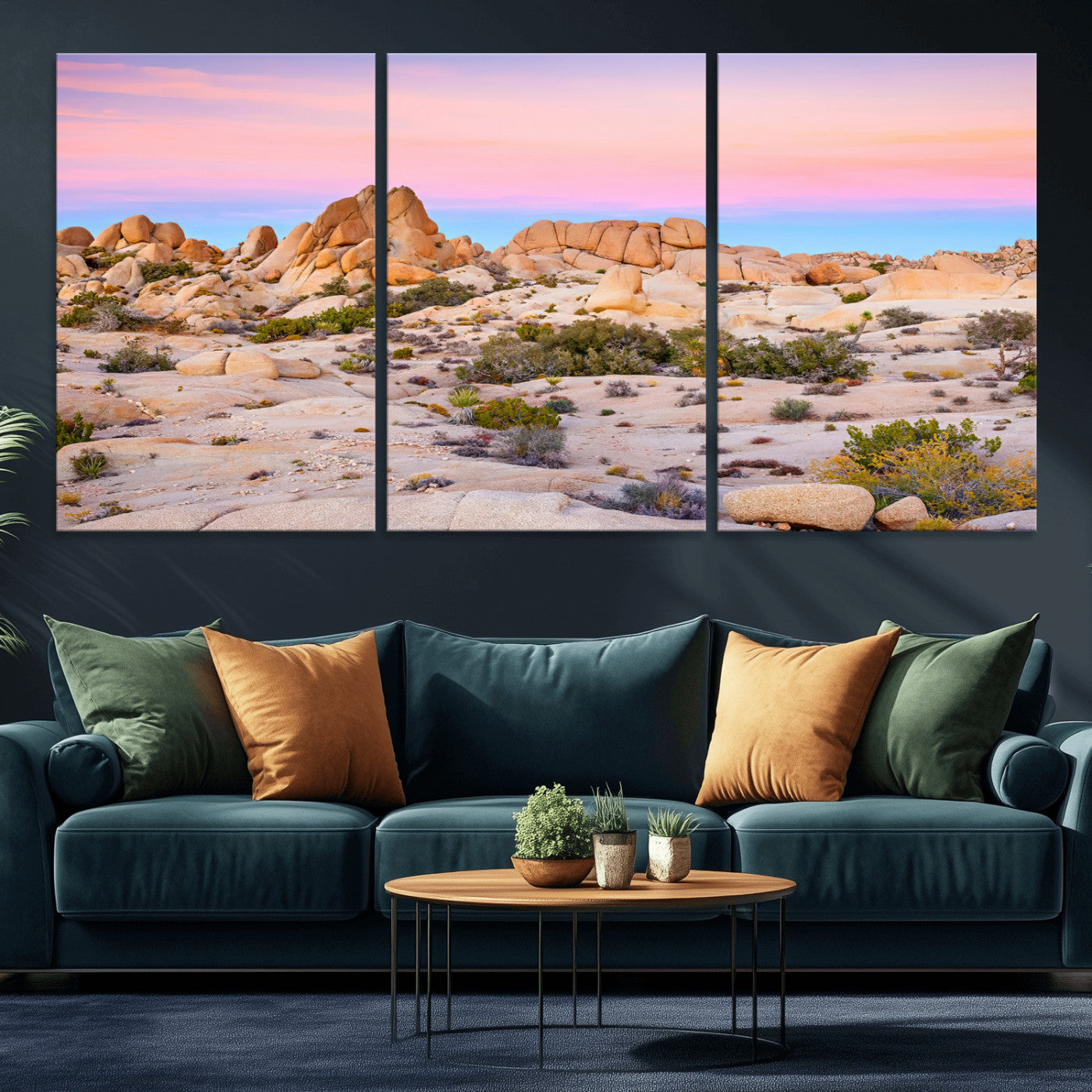 A breathtaking desert landscape featuring rugged rock formations under a vibrant pastel sunset sky, capturing the warmth and serenity of a Southwestern wilderness.