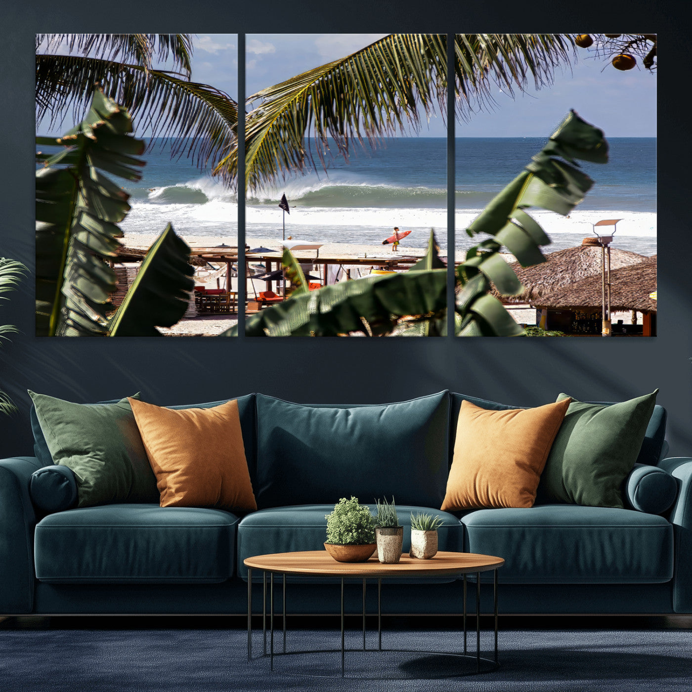 Canvas wall art of a tropical surf scene framed by palm trees, with a surfer on the shore and waves rolling in, ideal for beach-themed decor.