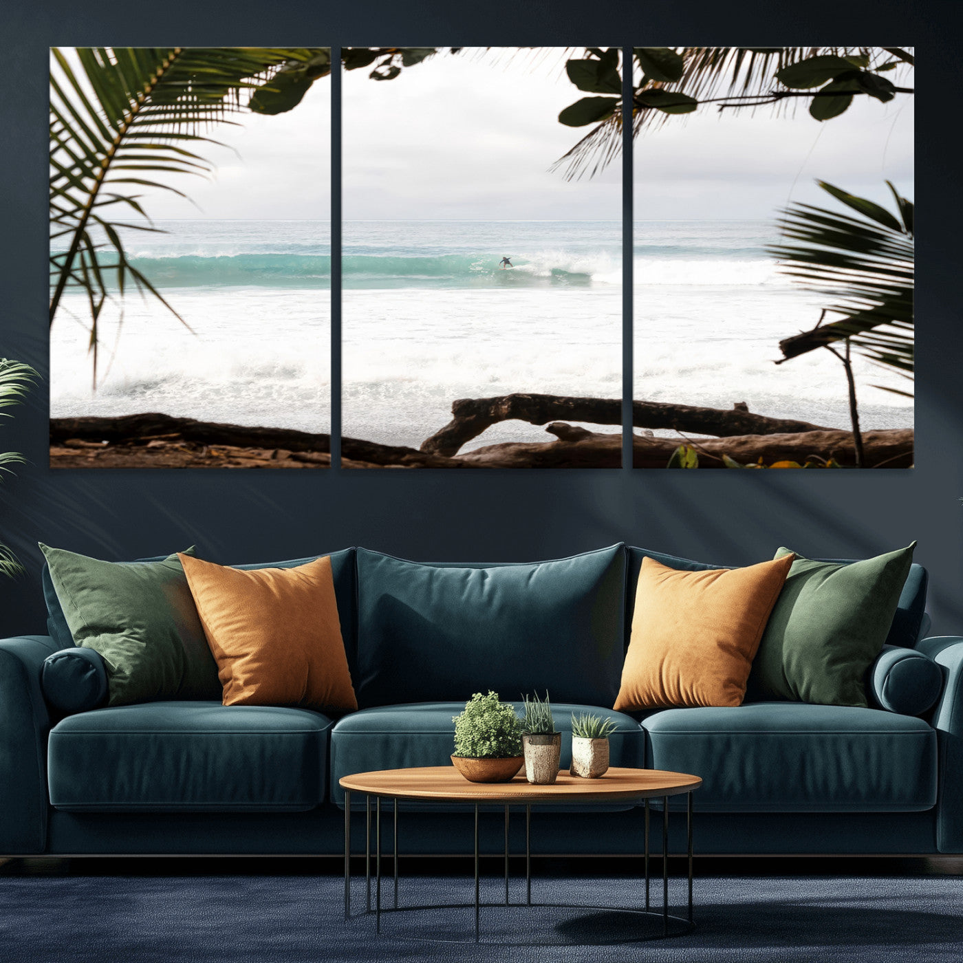 Tropical beach view with palm trees and surfer riding a wave, perfect for boho or coastal-inspired interior wall decor.