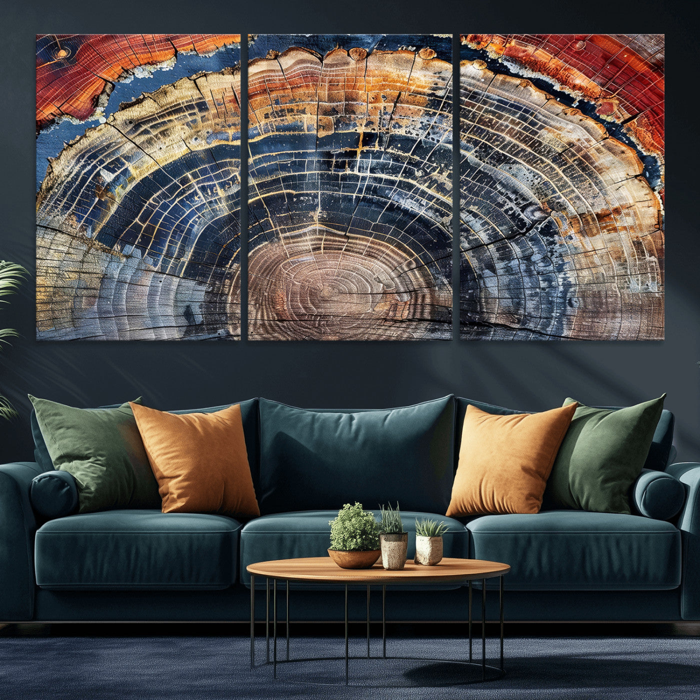 Vibrant tree ring with orange, brown, and blue tones in abstract detail, perfect for rustic or boho-inspired wall decor.