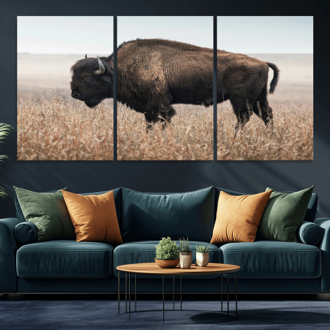 A lone bison stands in a vast prairie under a soft sky, evoking freedom and rustic charm for western or farmhouse inspired interiors.