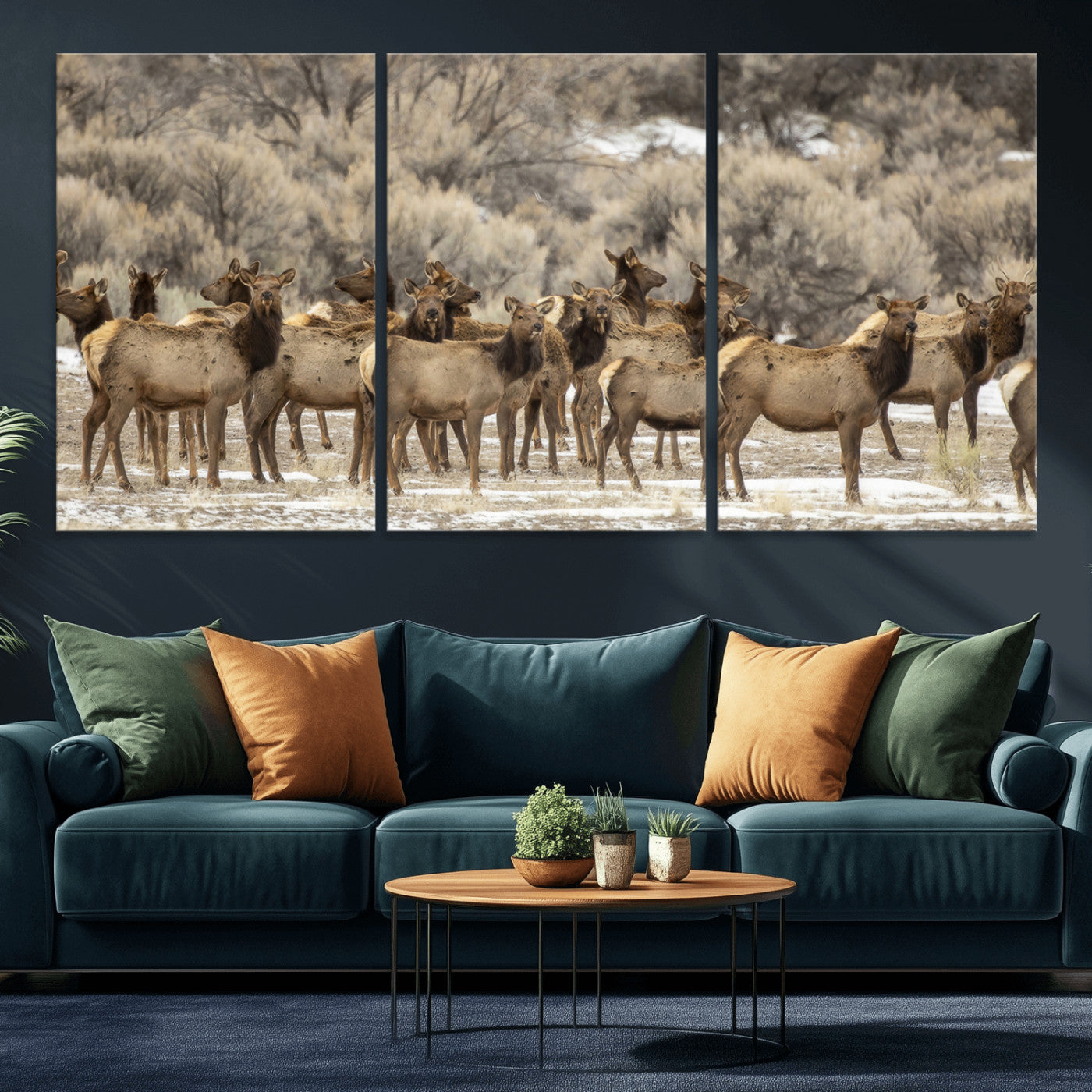 A large herd of elk standing in an open field with soft earthy tones, ideal for rustic lodge or western-themed home wall decor.