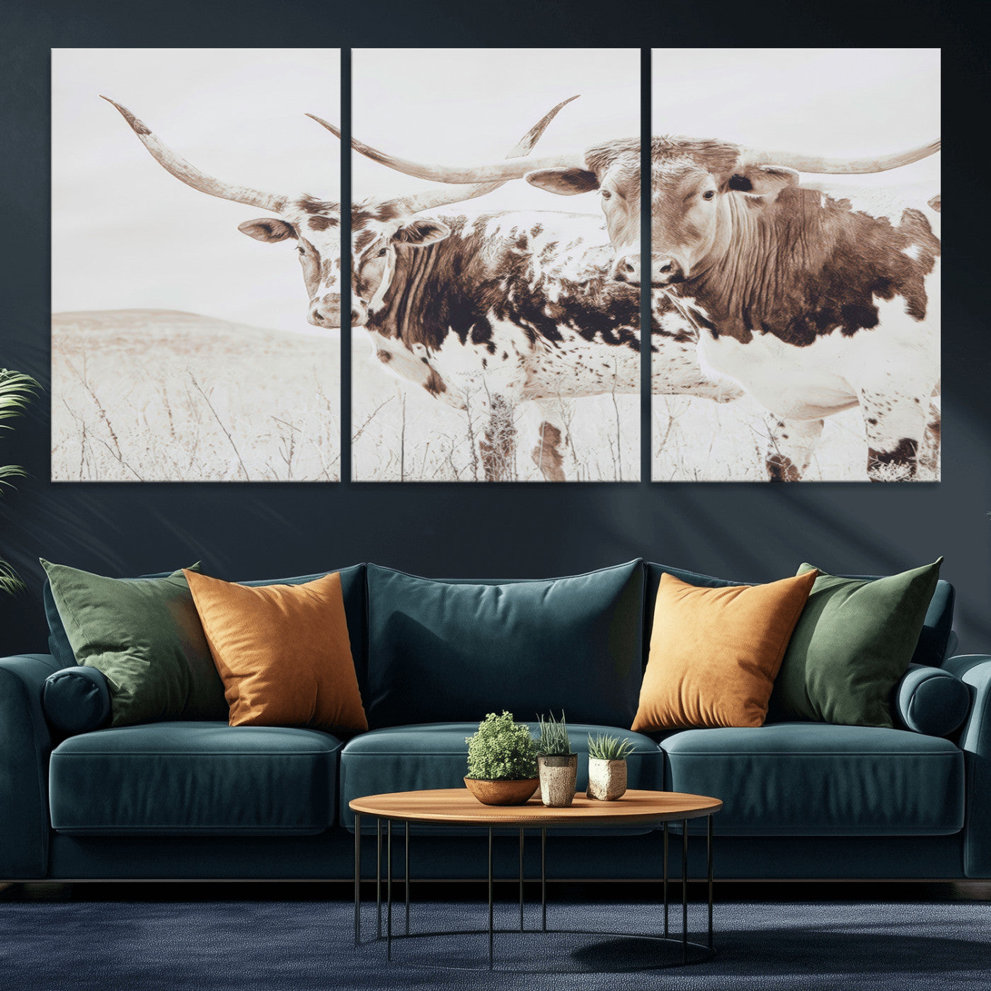 Two longhorn cows standing in a sepia-toned pasture with soft light, ideal for rustic or farmhouse-themed neutral wall decor.