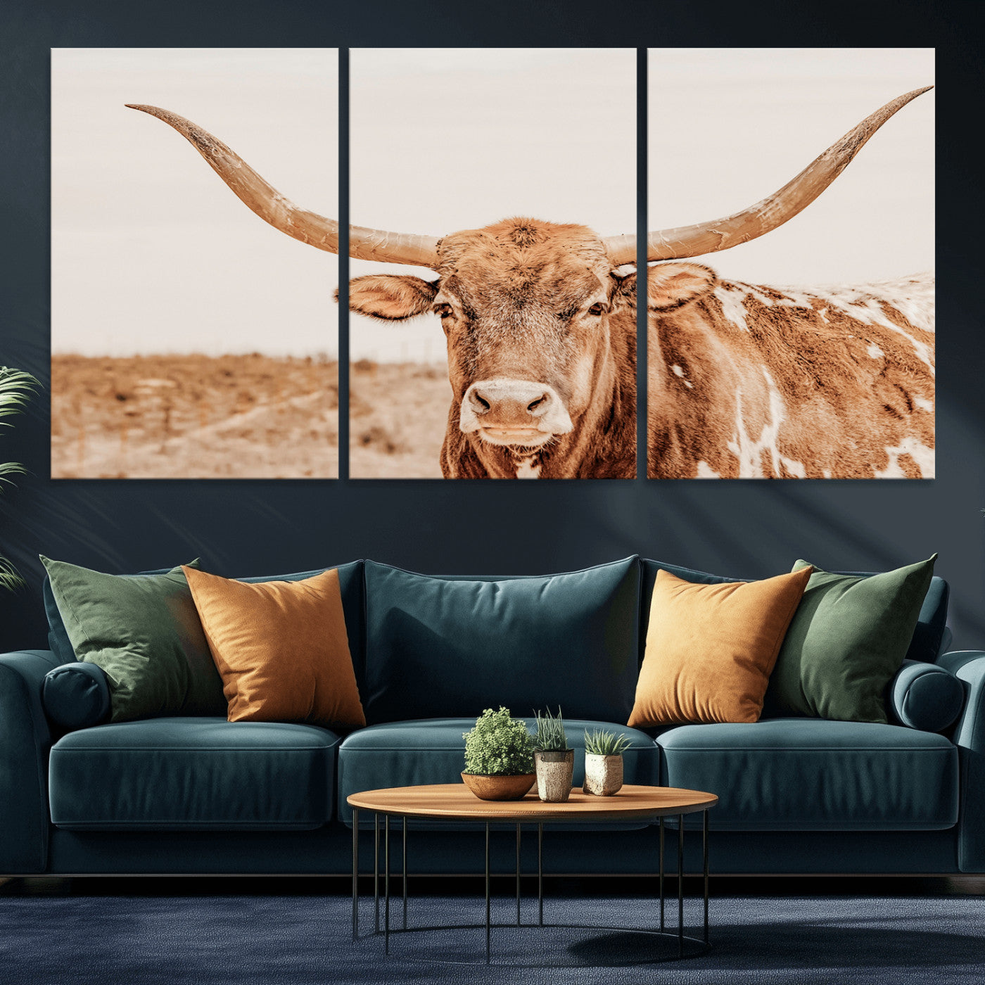 A longhorn bull standing proudly in a sunlit desert field with warm neutral tones, ideal for rustic western or farmhouse interiors.
