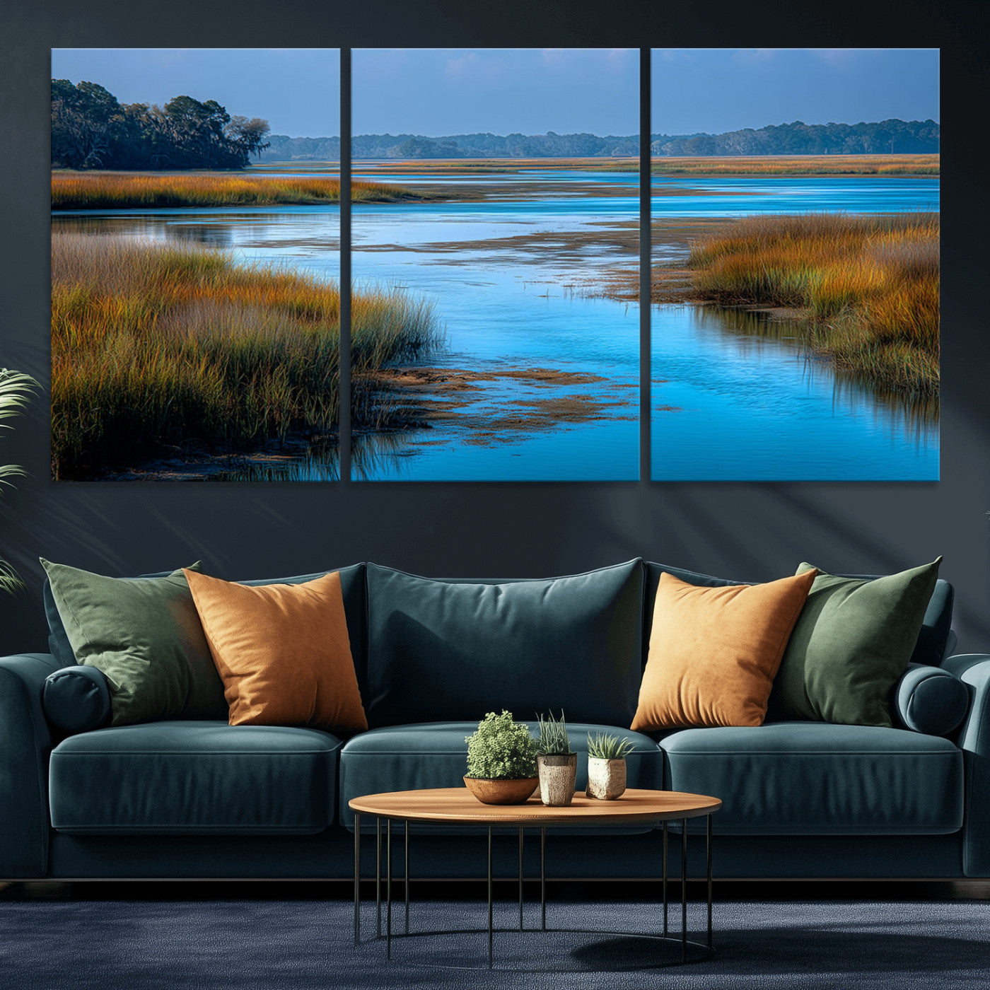 A peaceful marshland scene with calm blue water reflecting the surrounding grasses and trees, capturing the beauty of nature in a serene landscape.