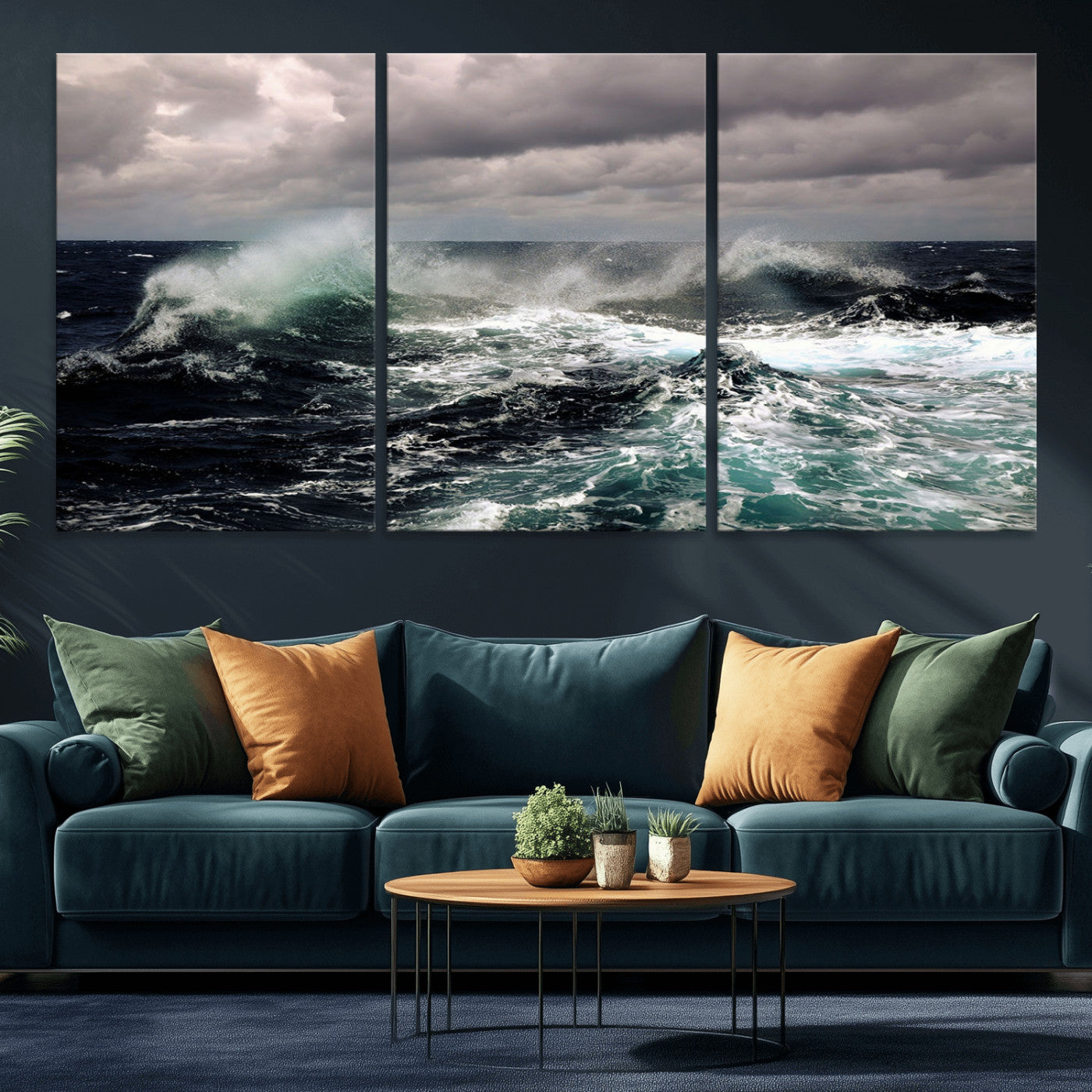 Powerful ocean waves crashing under stormy skies, creating a dynamic and intense seascape.