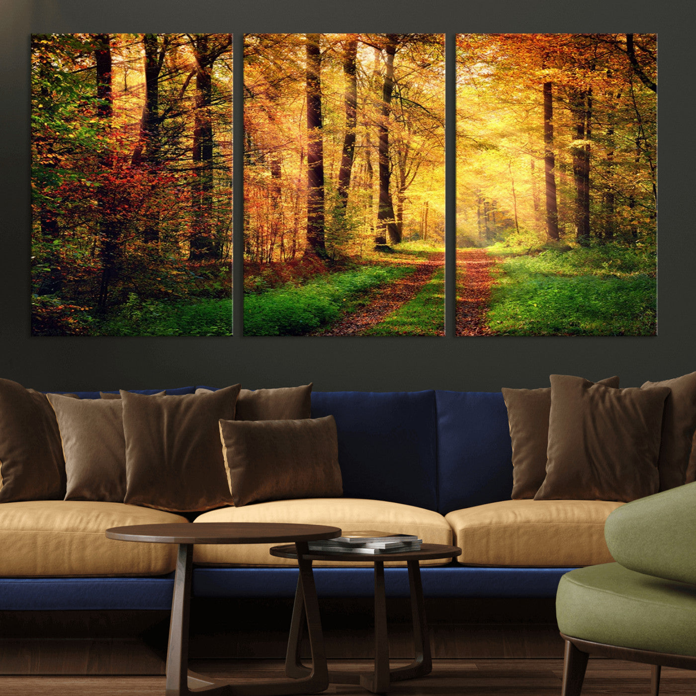 73494-MGV-CV-36X24-Golden Autumn Forest Path Wall Art – Sunlit Woodland Canvas Print, Fall Nature Landscape Home Decor