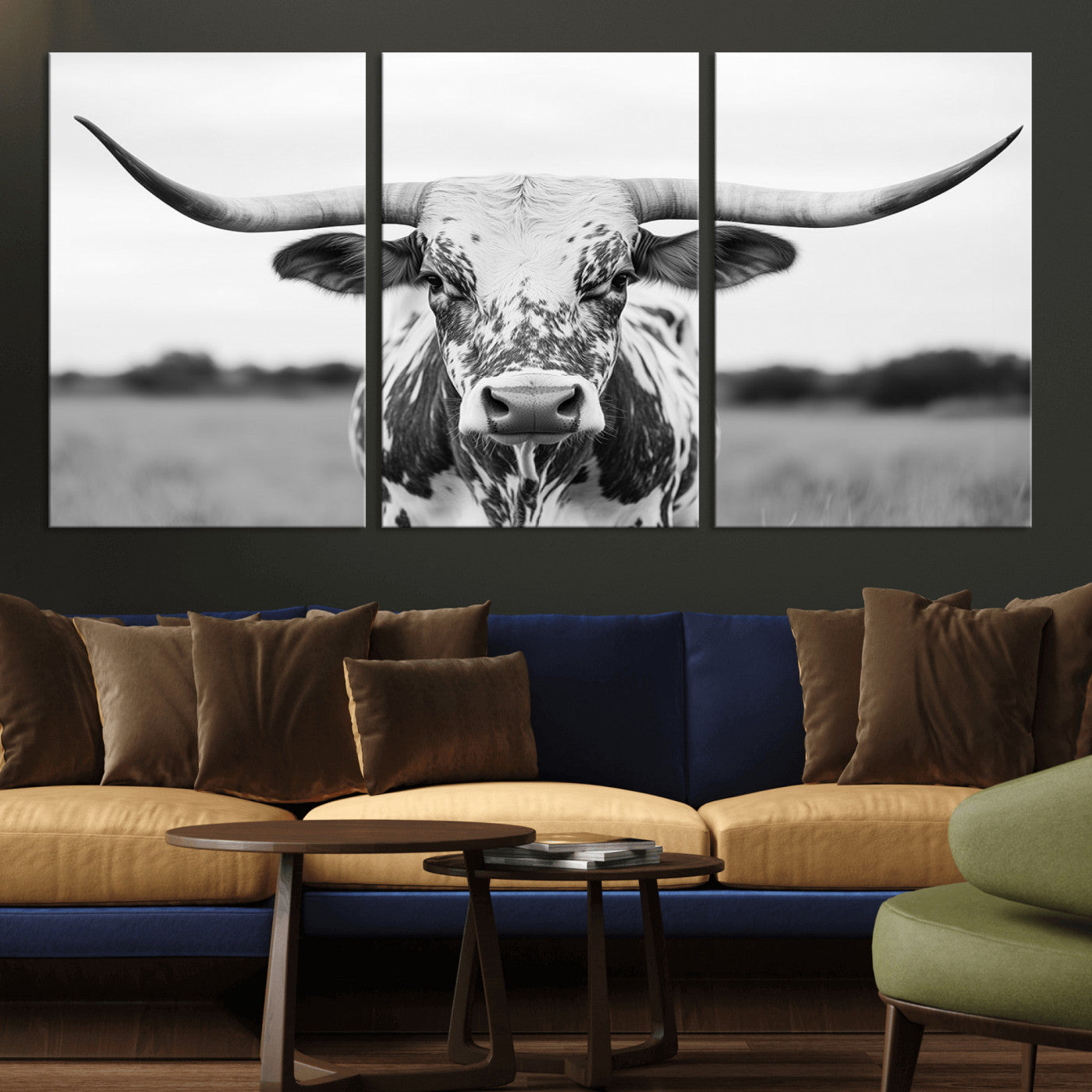 Capture the strength and elegance of nature with this striking black and white portrait of a longhorn cow. Its powerful presence makes a bold statement in any room.