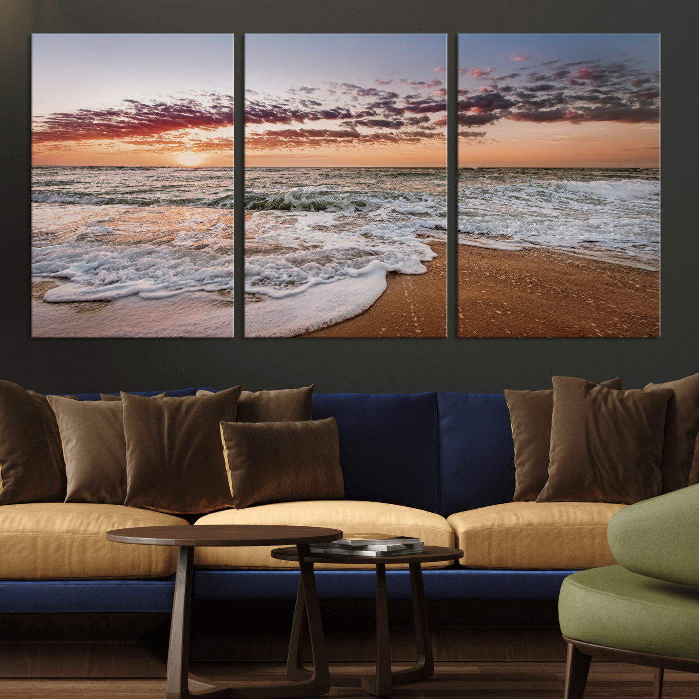 Canvas of a sunset over a foamy ocean shore with warm light and gentle waves, ideal for coastal or beach-themed home decor.
