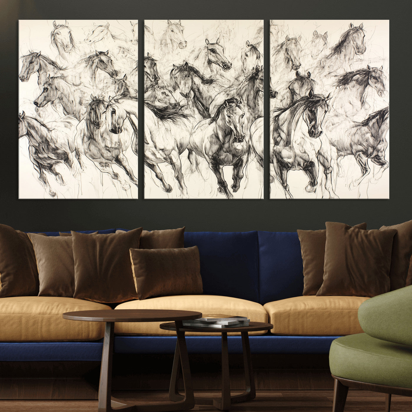 Monochrome ink sketch of galloping horses in dynamic motion, perfect for western or equine-themed wall decor with bold artistic energy.