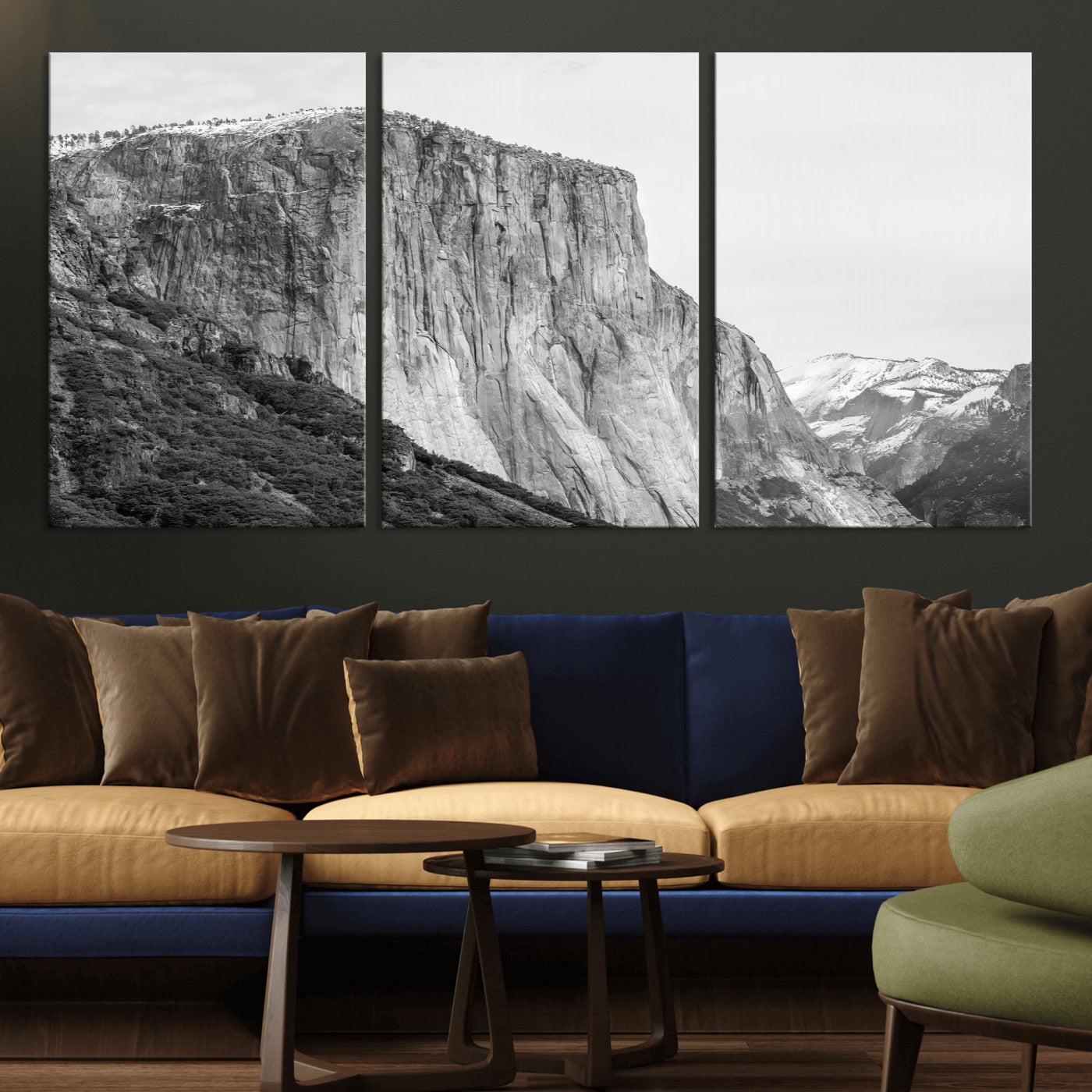 Monochrome canvas of El Capitan’s granite wall in Yosemite with snowy peaks, ideal for dramatic mountain or black-and-white nature decor.