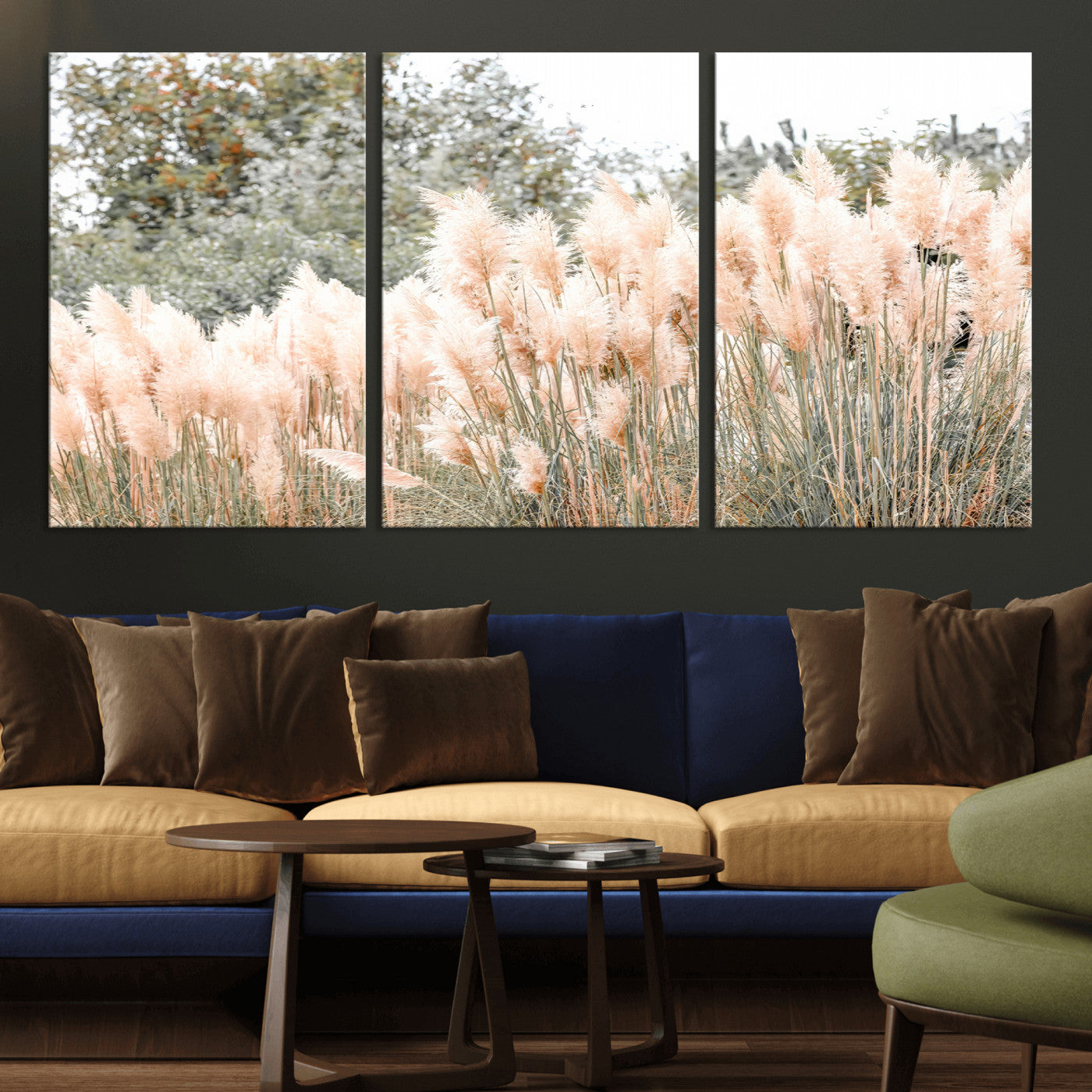 Soft pastel pampas grasses in a natural setting, ideal for neutral boho or rustic botanical-style interior wall decoration.