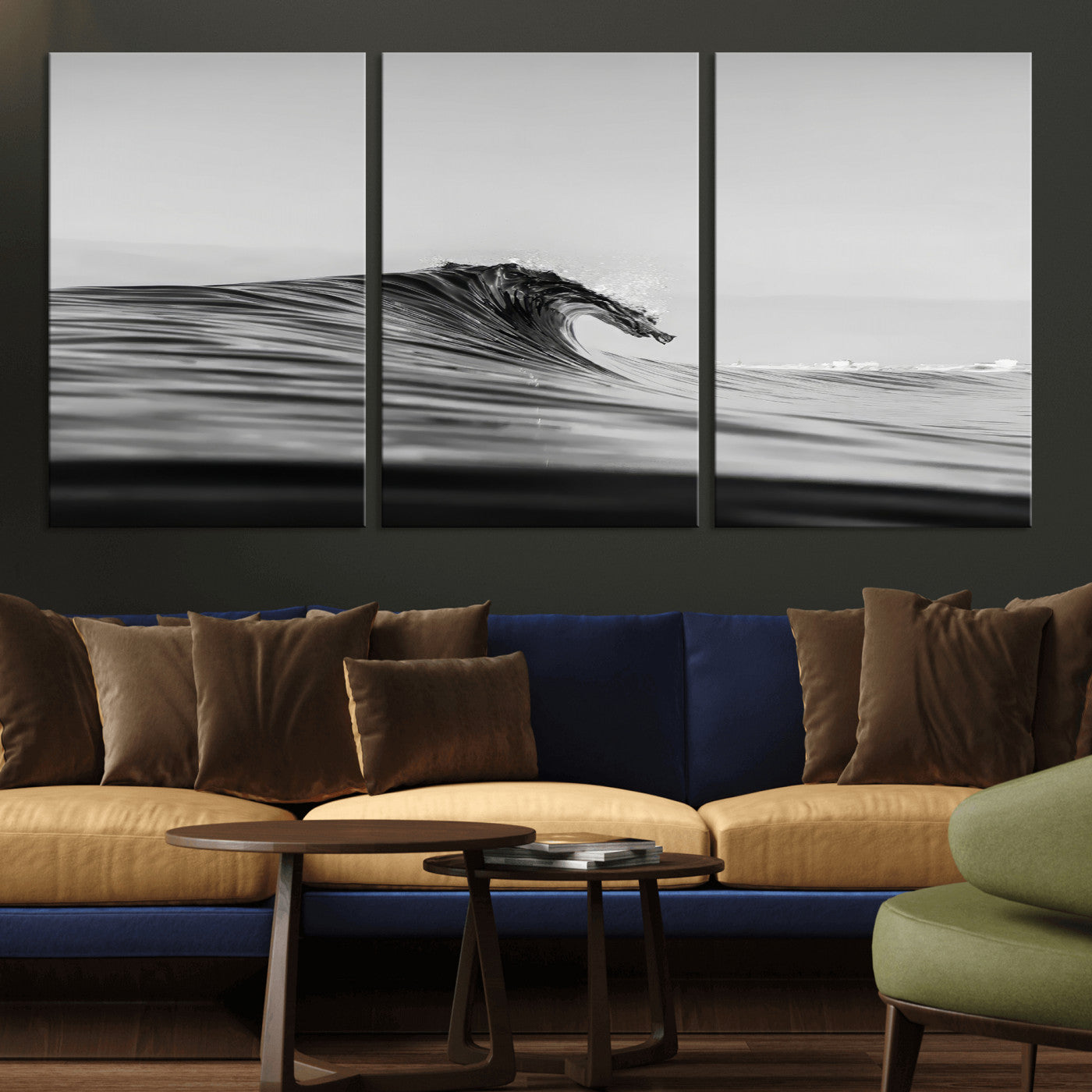 Striking black and white photo of a curling wave, ideal for modern coastal or minimalist wall decor settings.