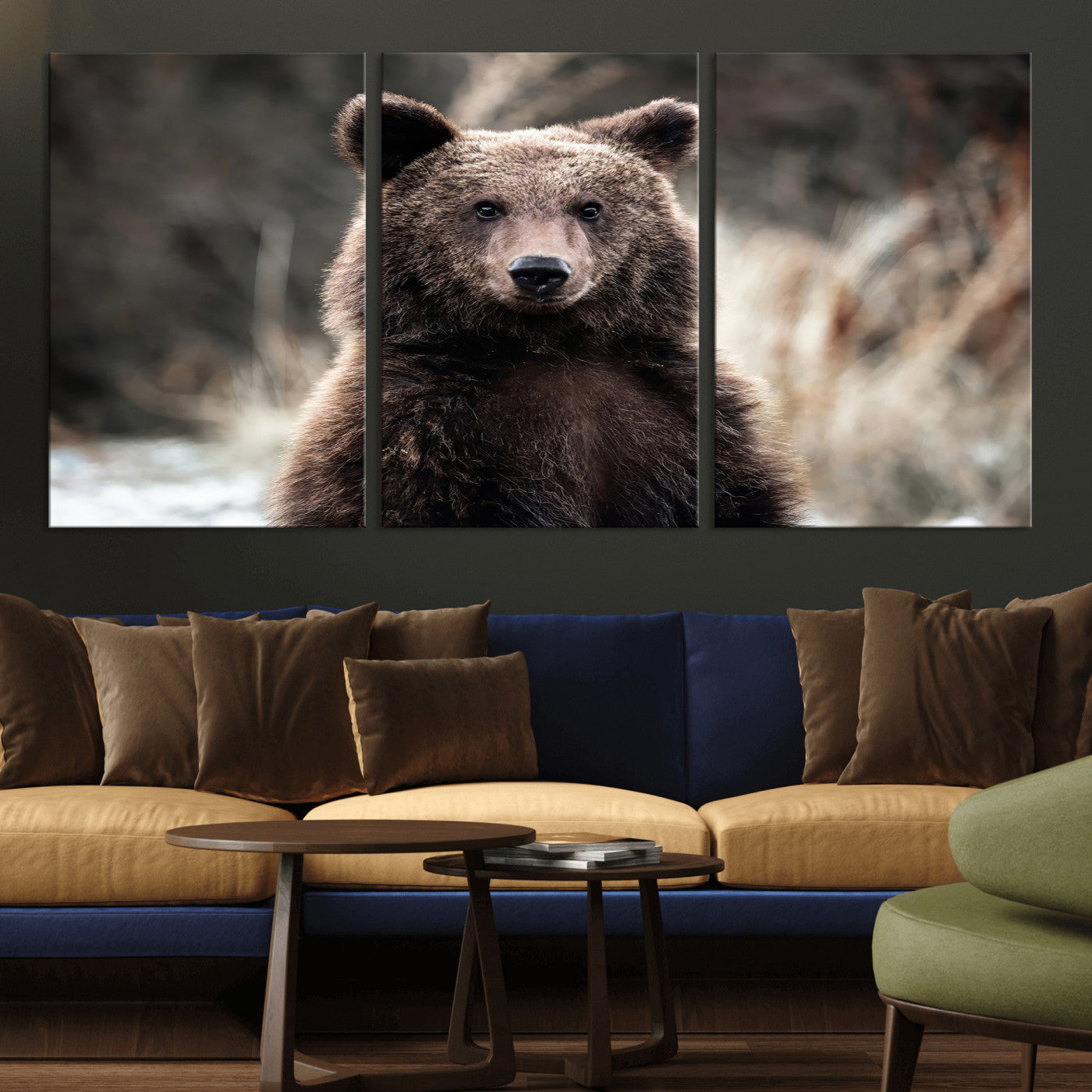 Canvas of a brown bear in soft earthy tones and moody forest light, ideal for rustic cabin or woodland nature-themed home decor.