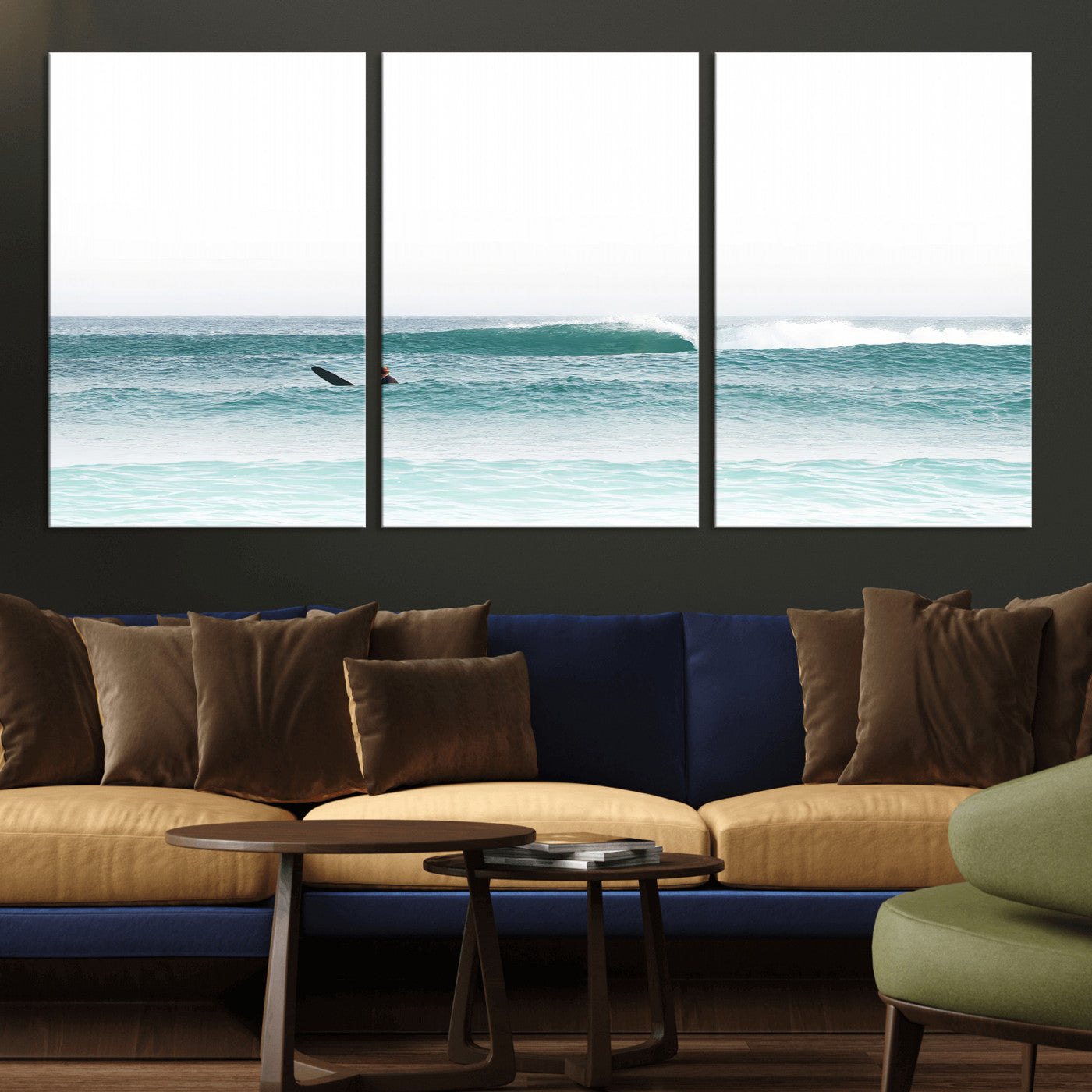 Minimalist photo of a lone surfer on calm aqua waves under bright sky, perfect for Scandinavian coastal or serene ocean-inspired home decor.