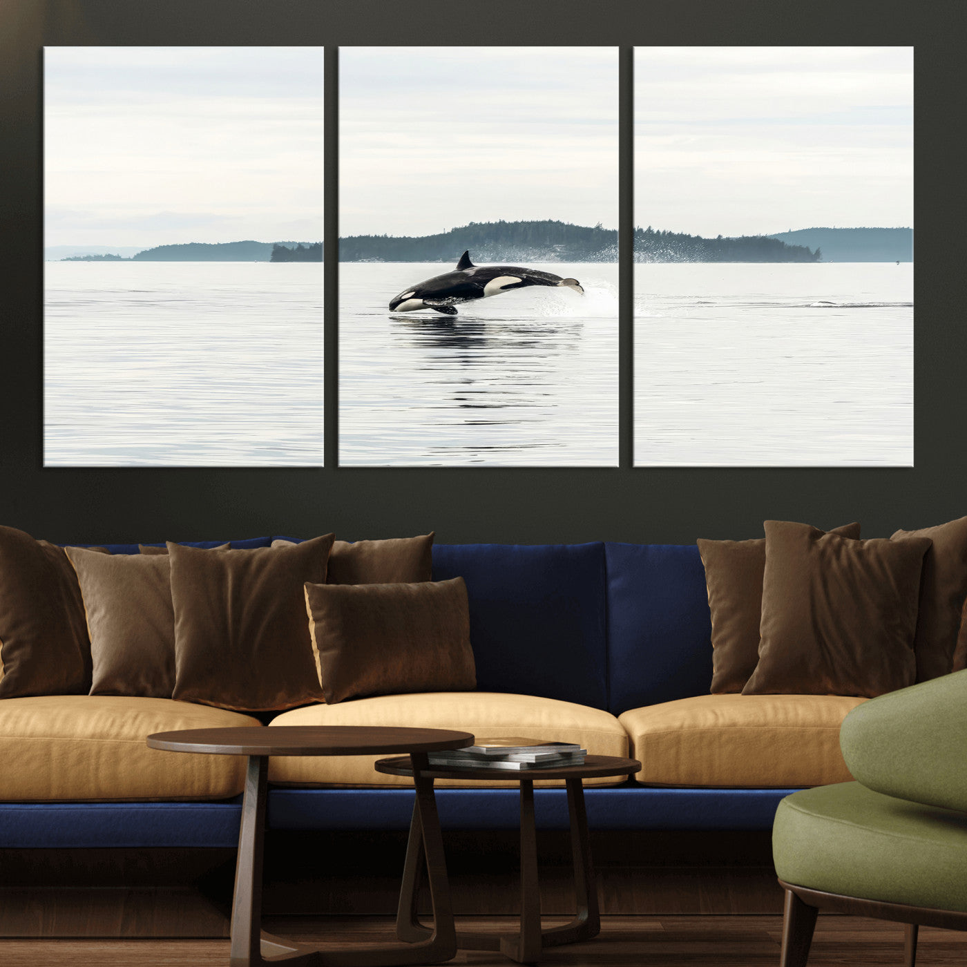 An orca jumping out of calm ocean waters with a misty island in the background, creating a serene and minimalist marine wildlife scene.