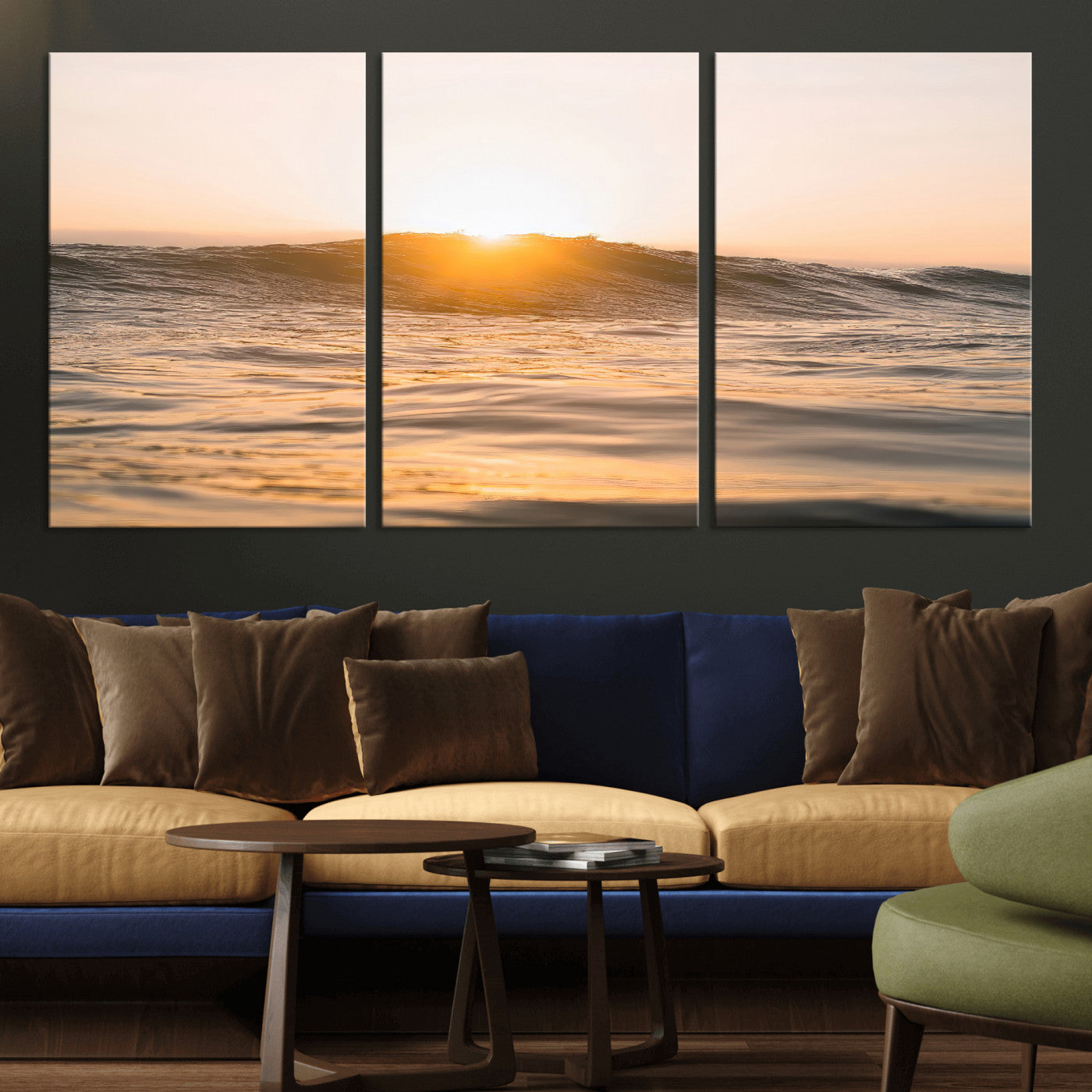 Ocean waves glowing under a warm golden sunset, reflecting soft light and calm movement, perfect for warm minimalist coastal interiors.