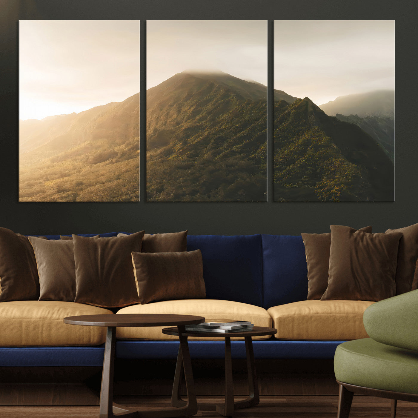 Sunlit mountain peak with mist rolling over its rugged slopes, bathed in golden light, creating a warm and tranquil nature-inspired scene.