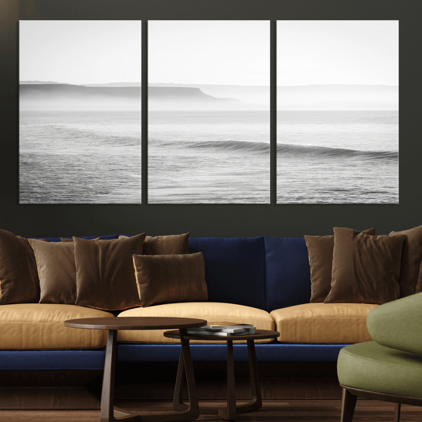 A black and white minimalist seascape featuring soft rolling waves and misty distant cliffs, creating a serene and timeless coastal atmosphere.