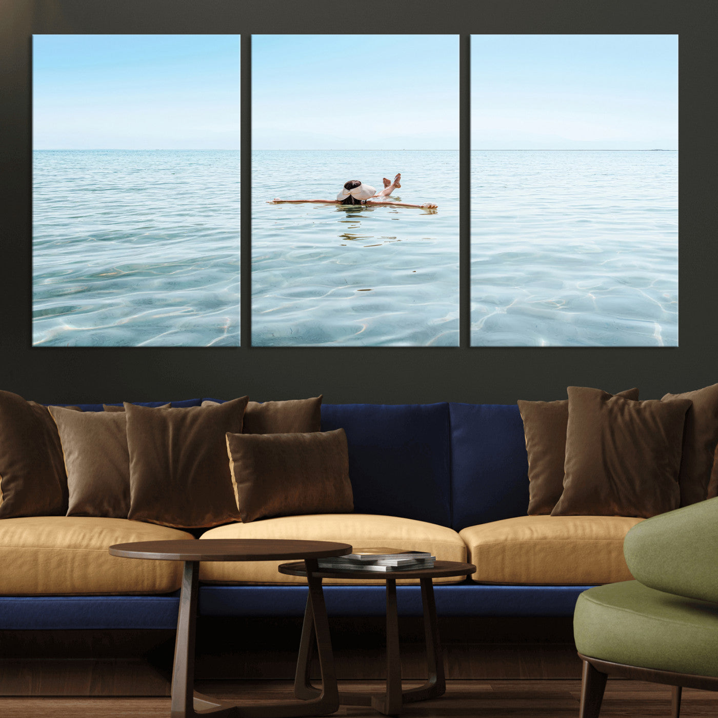 A peaceful minimalist scene of a person floating on crystal-clear water, surrounded by a vast open horizon, capturing relaxation and serenity in a tranquil aquatic setting.