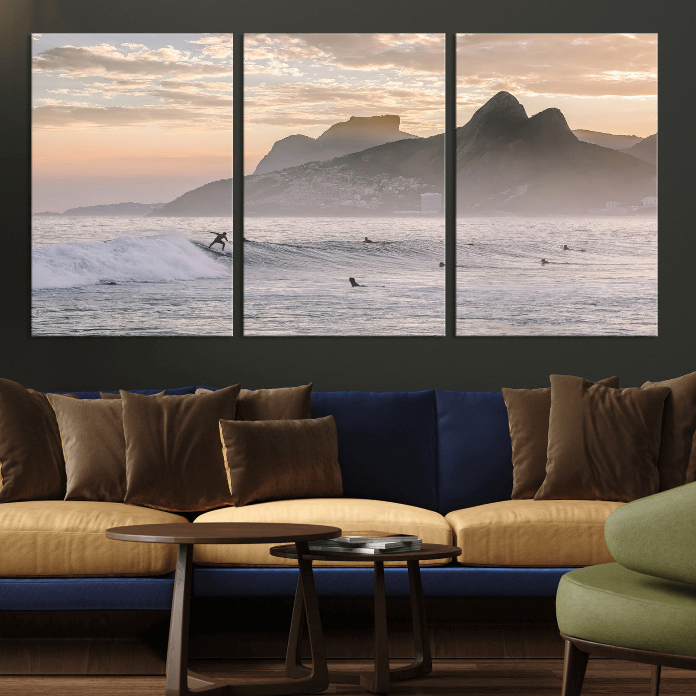 A surfer rides a golden hour wave near misty coastal mountains, surrounded by fellow surfers, capturing the spirit of a coastal adventure.