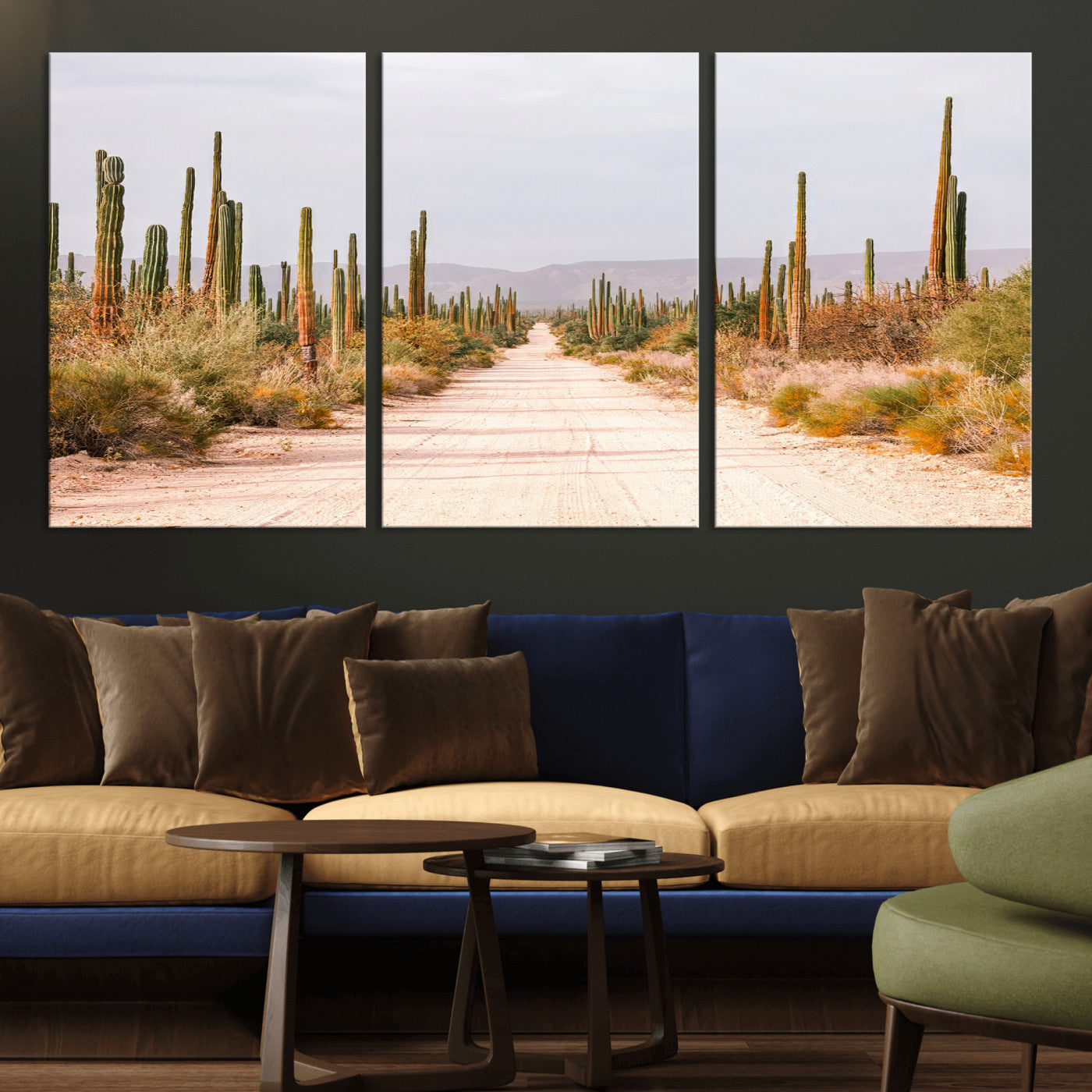 A desert road lined with saguaro cacti under a golden sky, creating a warm southwestern feel, perfect for boho or rustic decor.