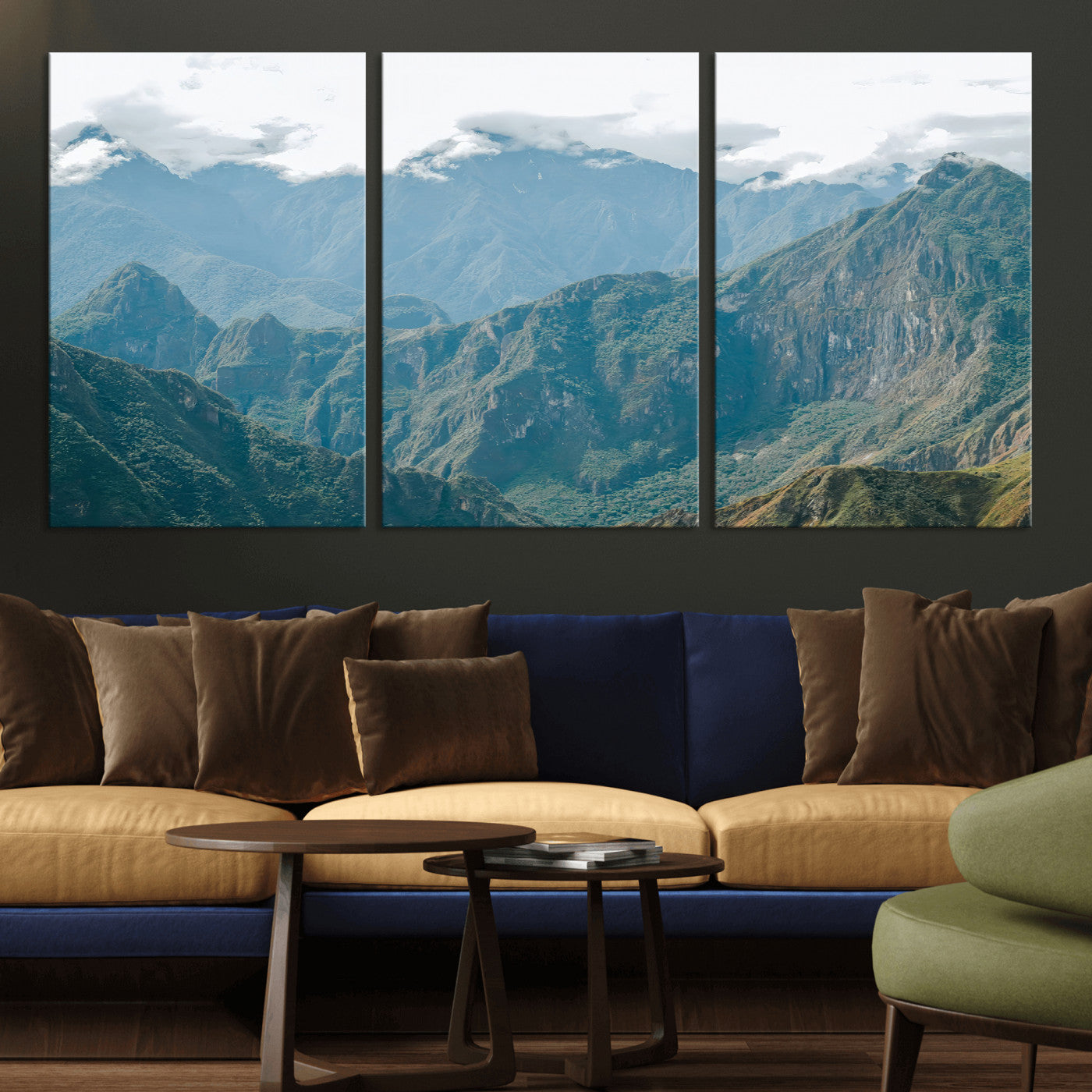 A misty mountain landscape with cloud-covered Andean peaks and lush green valleys, creating a dramatic and serene view, perfect for rustic or nature-inspired home decor.