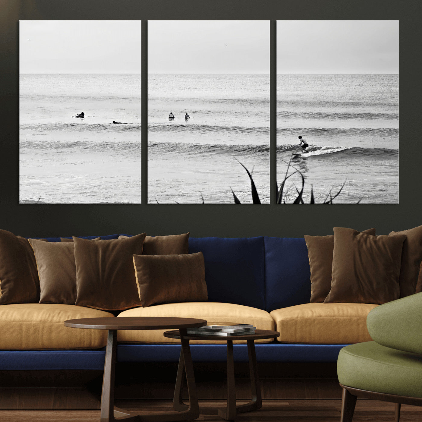 Monochrome canvas of surfers on calm ocean waves, ideal for minimalist coastal or beach-inspired interior decor.