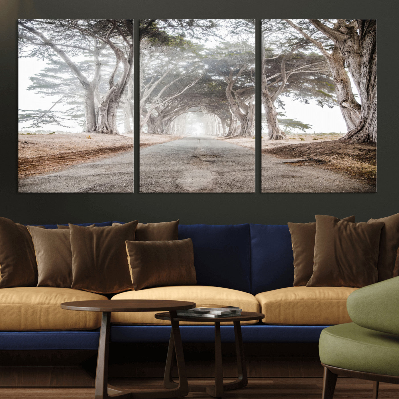 Canvas of a misty tree tunnel with arching cypress trees and an earthy road, ideal for rustic or coastal nature decor.