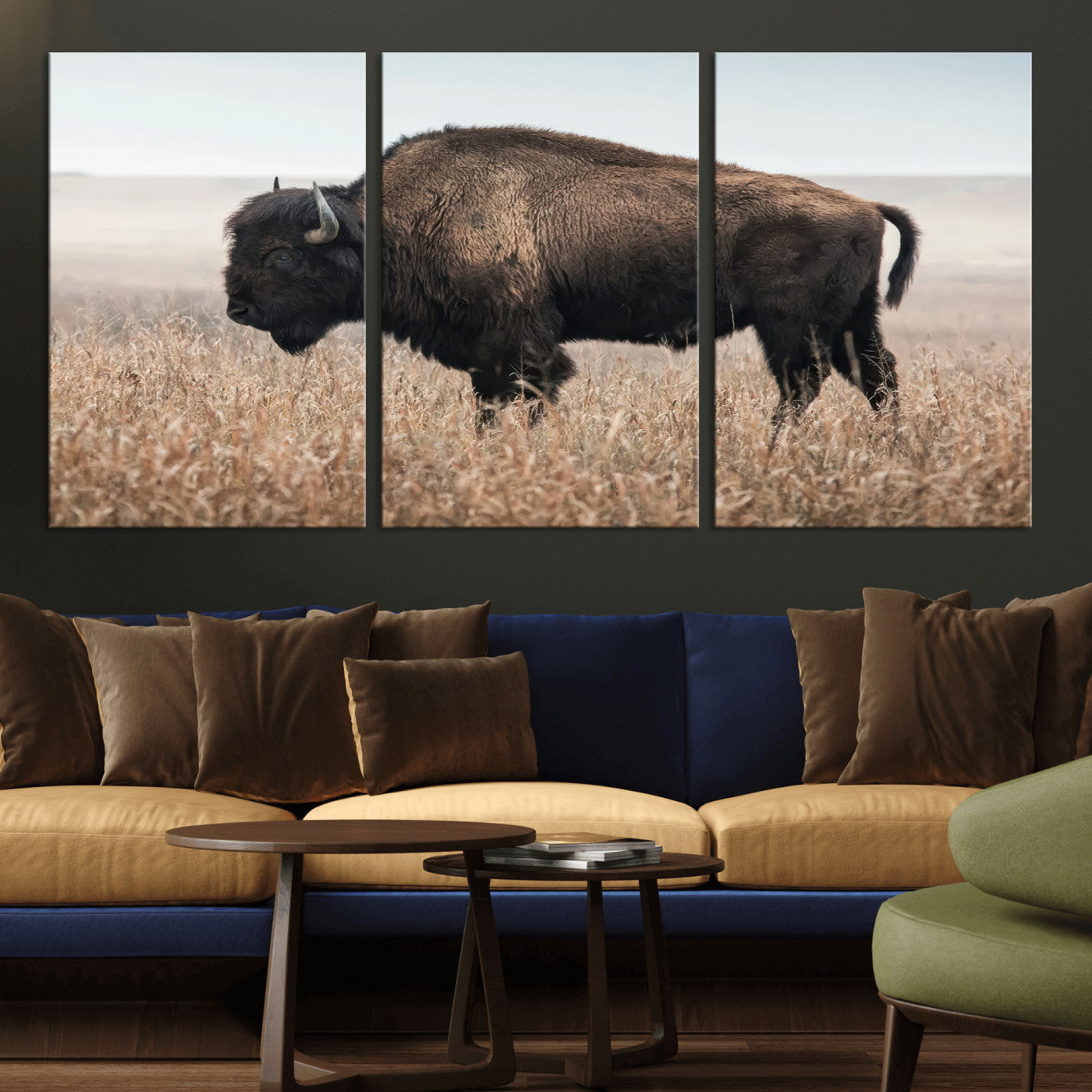 A lone bison stands in a vast prairie under a soft sky, evoking freedom and rustic charm for western or farmhouse inspired interiors.