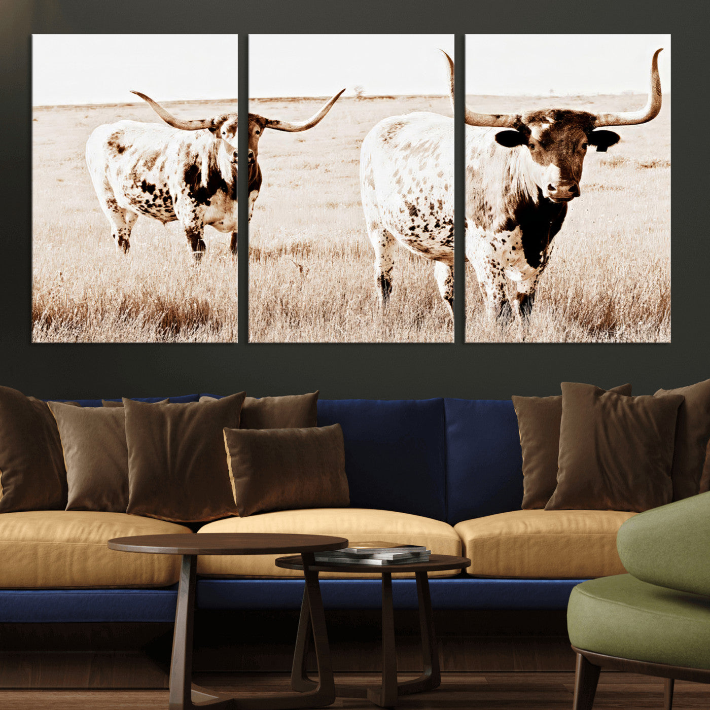 Two Texas longhorn cows standing in a sepia-toned pasture, evoking rustic charm perfect for farmhouse or western country interiors. (