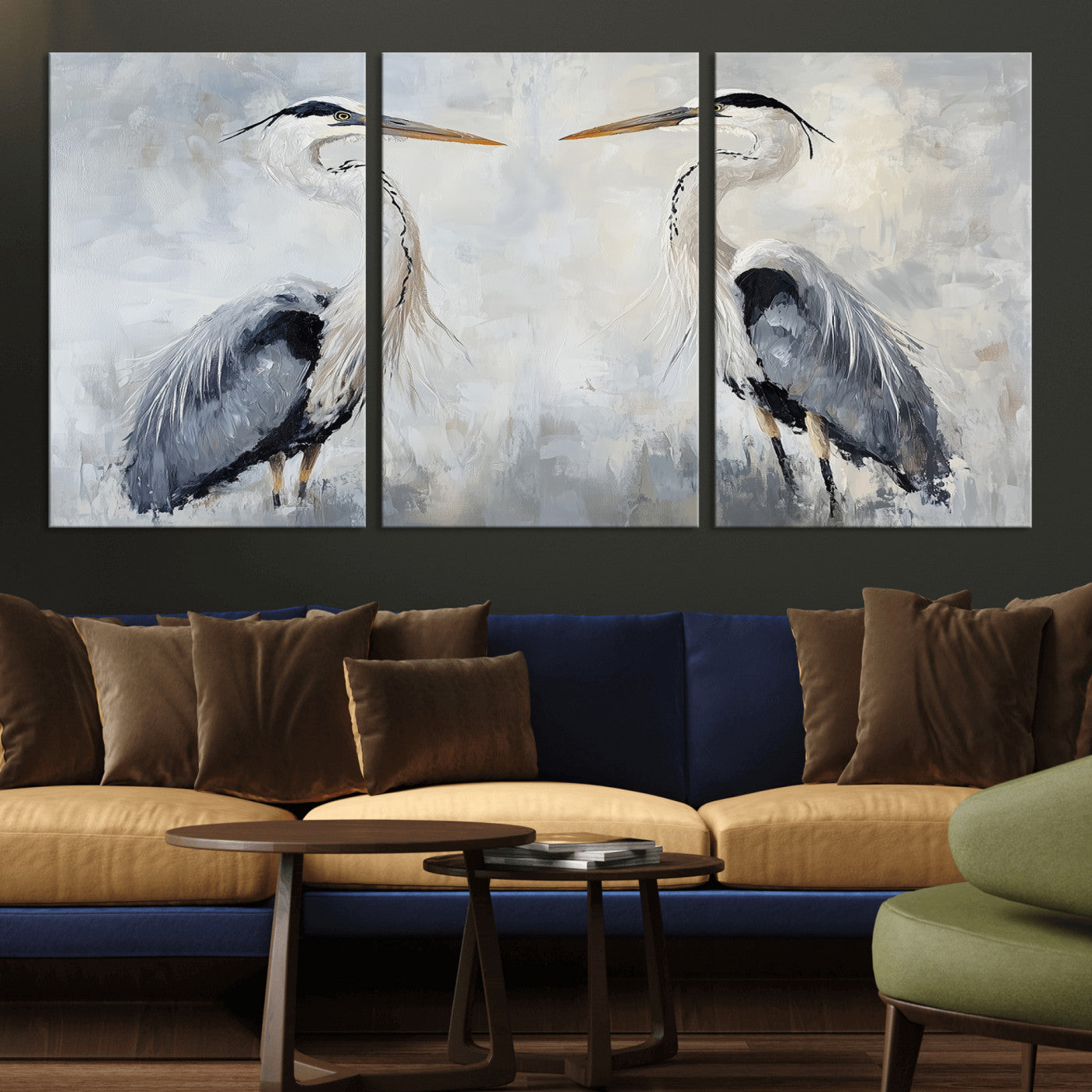 Two herons facing each other on a soft-toned background with blue-grey feathers, perfect for tranquil, coastal or nature-themed interiors.