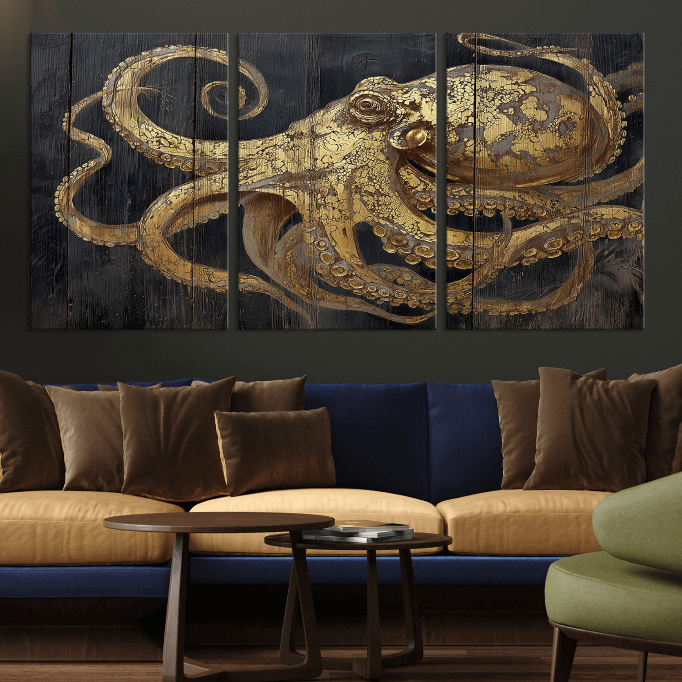 A detailed gold illustration of an octopus on black wooden planks, showing its intricate tentacles and textured skin in an artistic style.