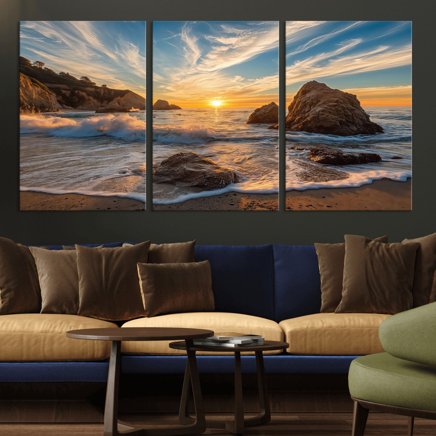 Rocky Ocean Sunset Wall Art Print, Seaside Canvas Wall Art, Dramatic Seascape Canvas Print for Coastal Modern Decor, Ocean Sunset Art Printing