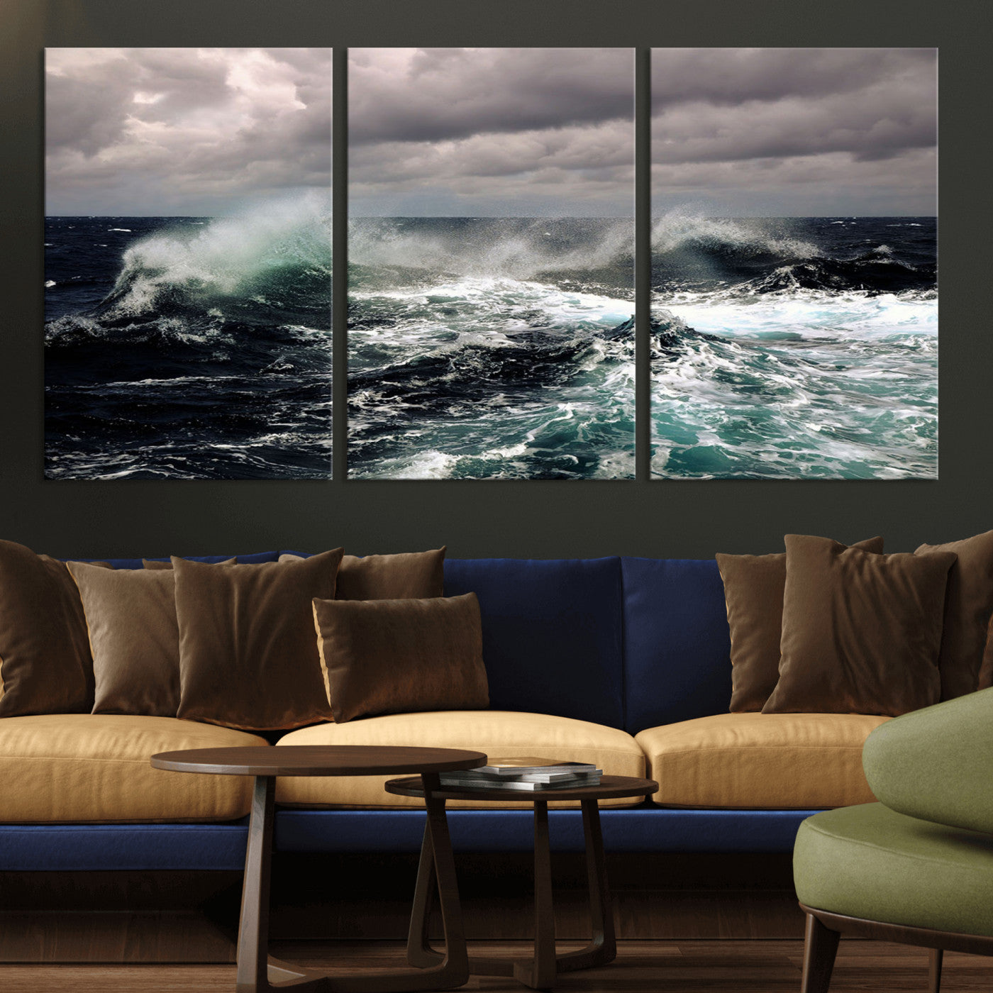 Powerful ocean waves crashing under stormy skies, creating a dynamic and intense seascape.