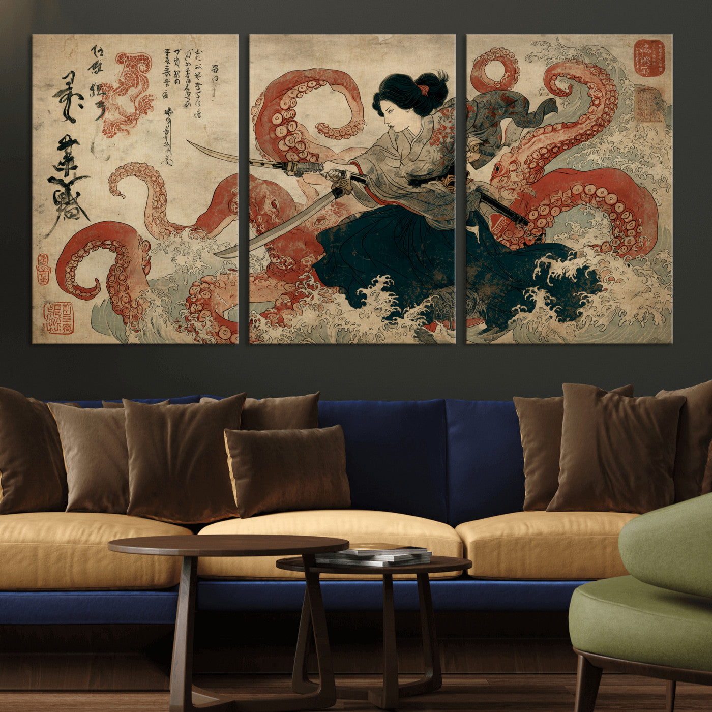 Tsukioka Yoshitoshi Samurai Wall Art Print, Japanese Katana Warrior Canvas Wall Art, Octopus Sea Monster Canvas Print,