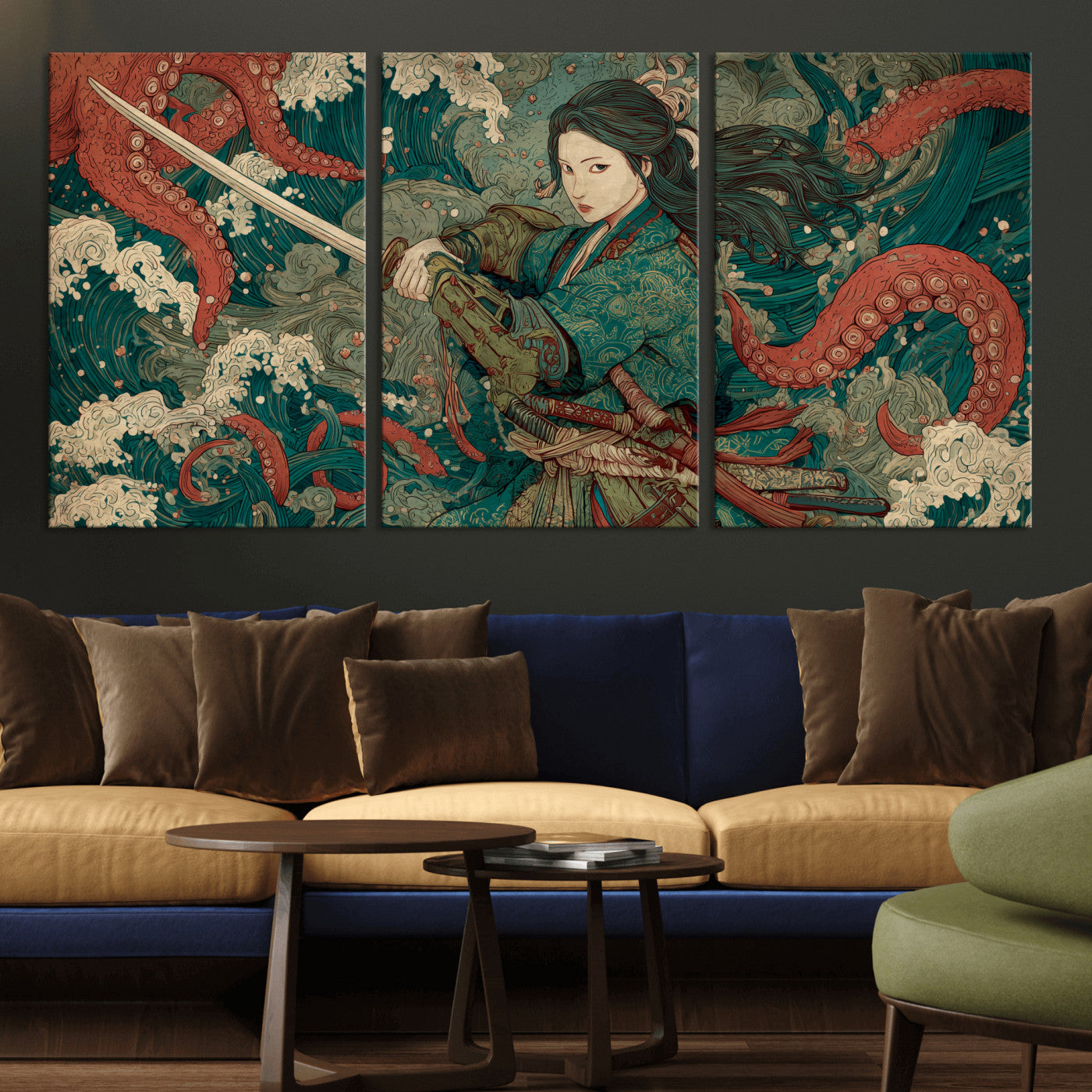 Tsukioka Yoshitoshi Samurai Wall Art Print, Japanese Katana Warrior Canvas Wall Art, Octopus Sea Monster Canvas Print,