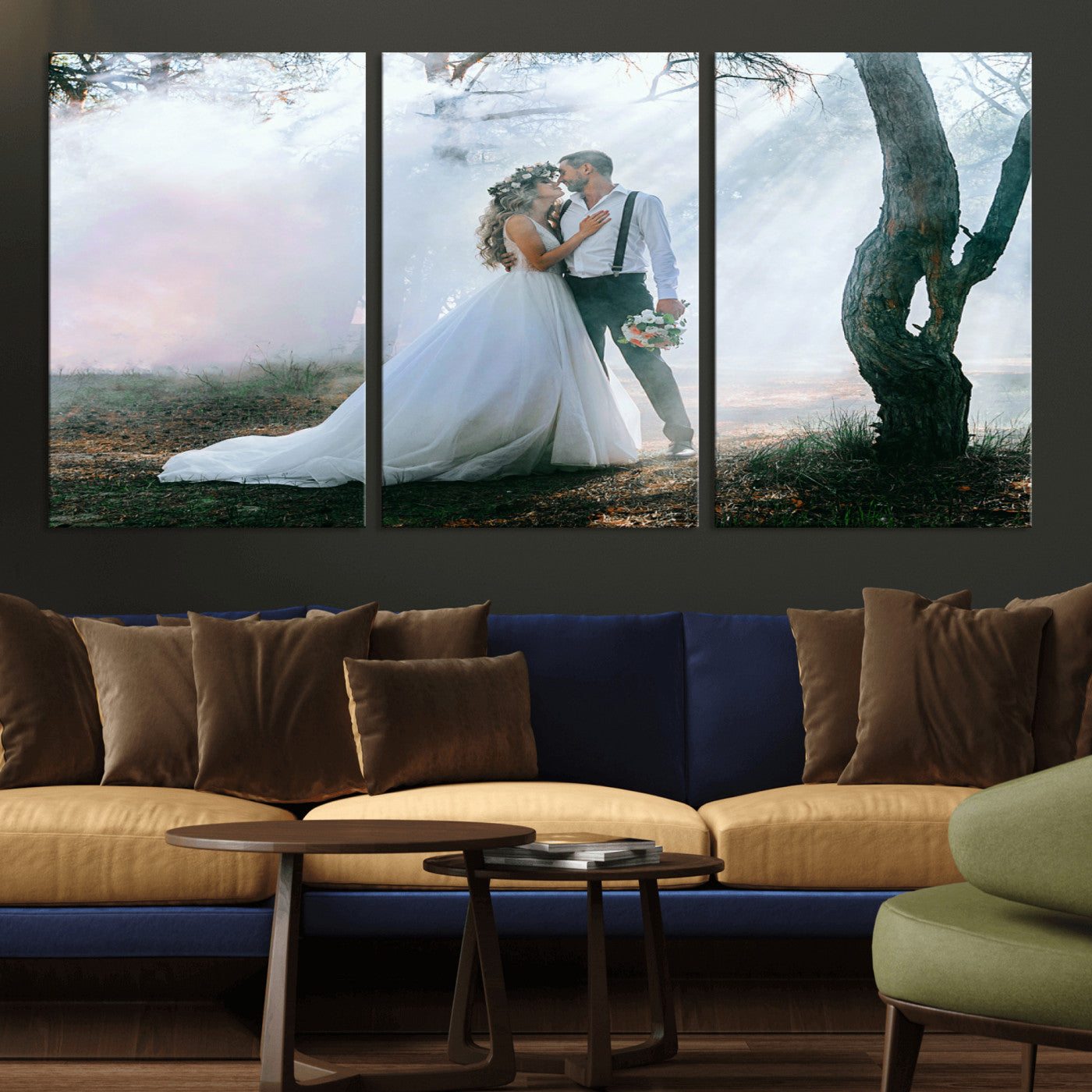 MGV-CV-60X30-3P - Forest Wedding Wall Art – Romantic Bride and Groom Canvas Print, Enchanted Woodland Photography Decor for Bedroom, Living Room, or Wedding Gift