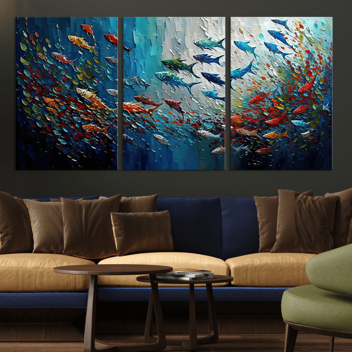 Colorful painting of fish swimming in abstract ocean swirls, perfect for vibrant marine-themed or expressive coastal home decor.