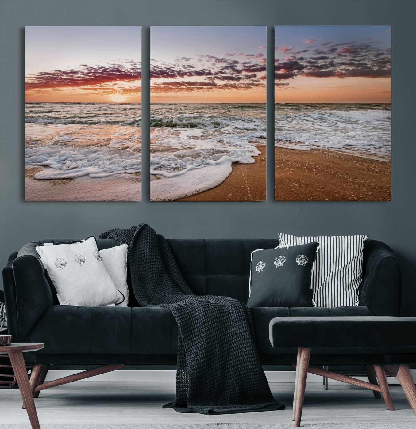 Canvas of a sunset over a foamy ocean shore with warm light and gentle waves, ideal for coastal or beach-themed home decor.