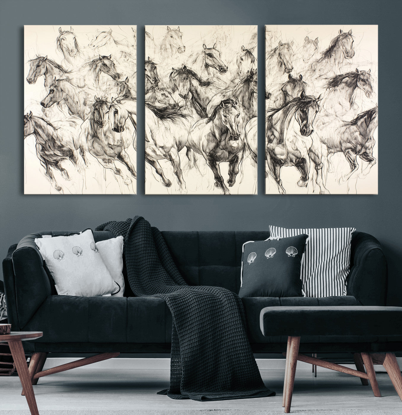 Monochrome ink sketch of galloping horses in dynamic motion, perfect for western or equine-themed wall decor with bold artistic energy.