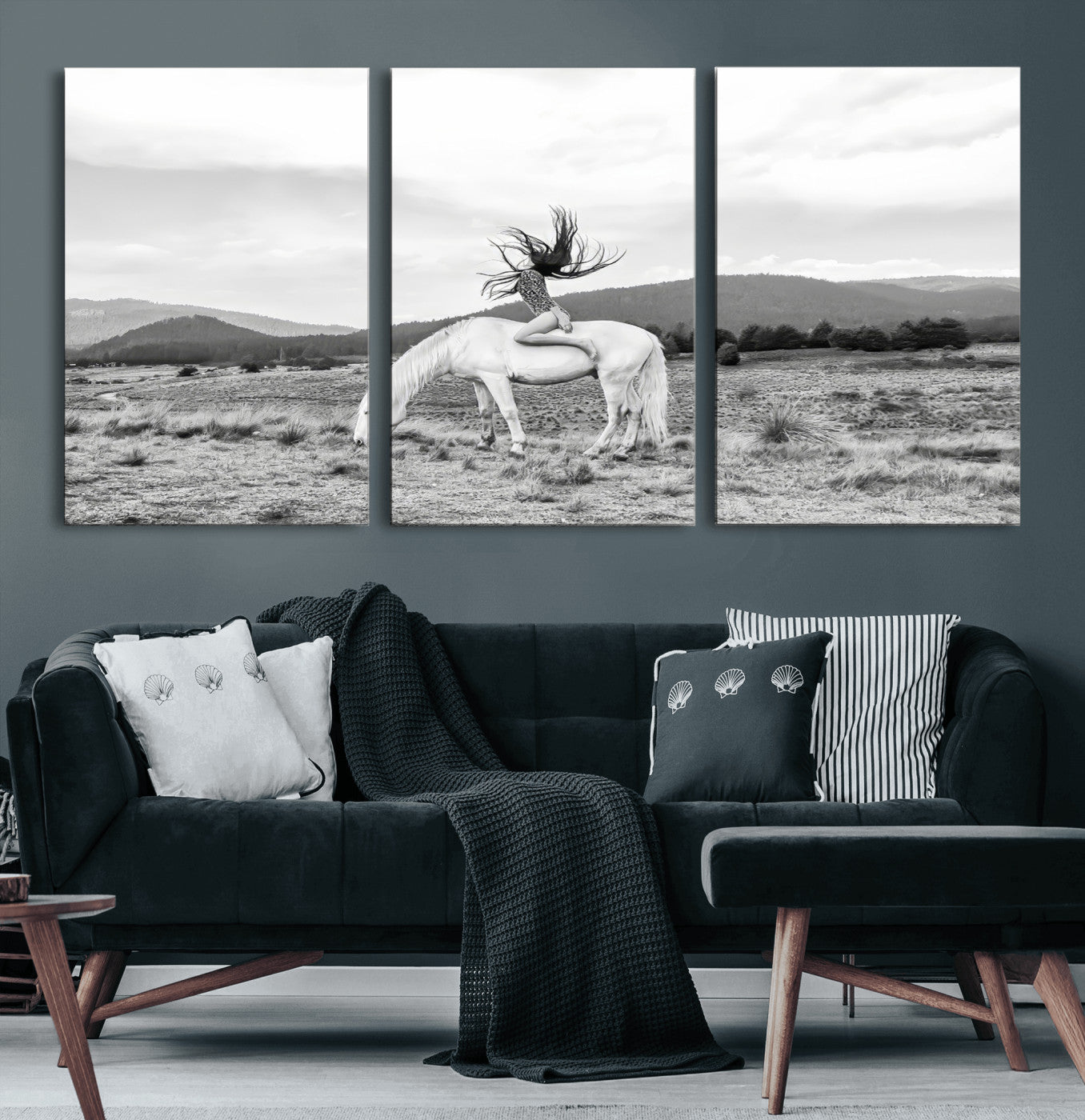 Black and white photo of a woman on a white horse in moody tones, ideal for Western Boho or modern rustic-style home decor.