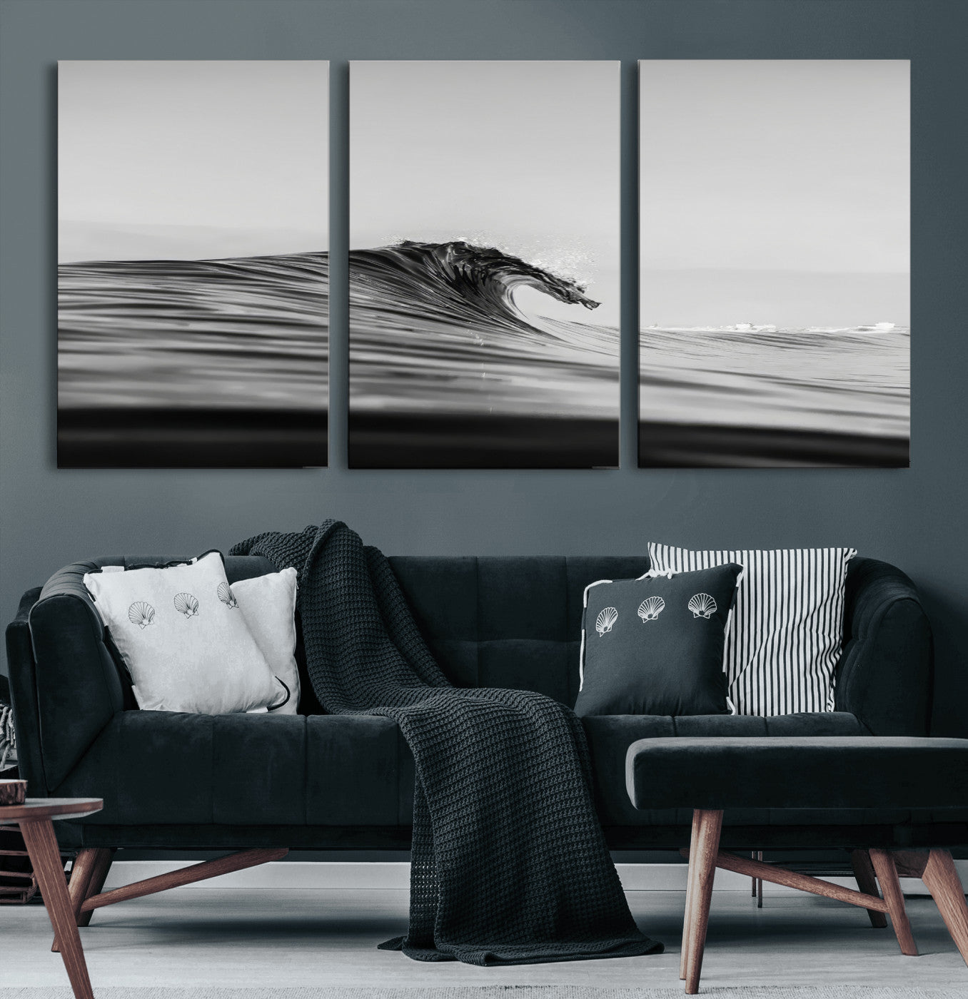 Striking black and white photo of a curling wave, ideal for modern coastal or minimalist wall decor settings.